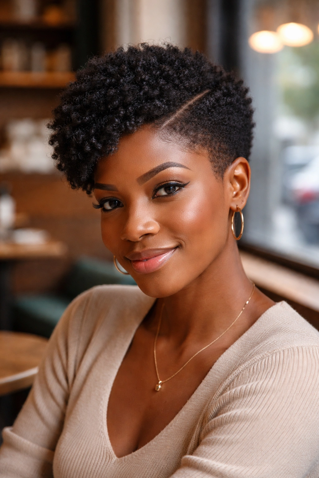 Portrait of a woman with a deep side part in a short Afro