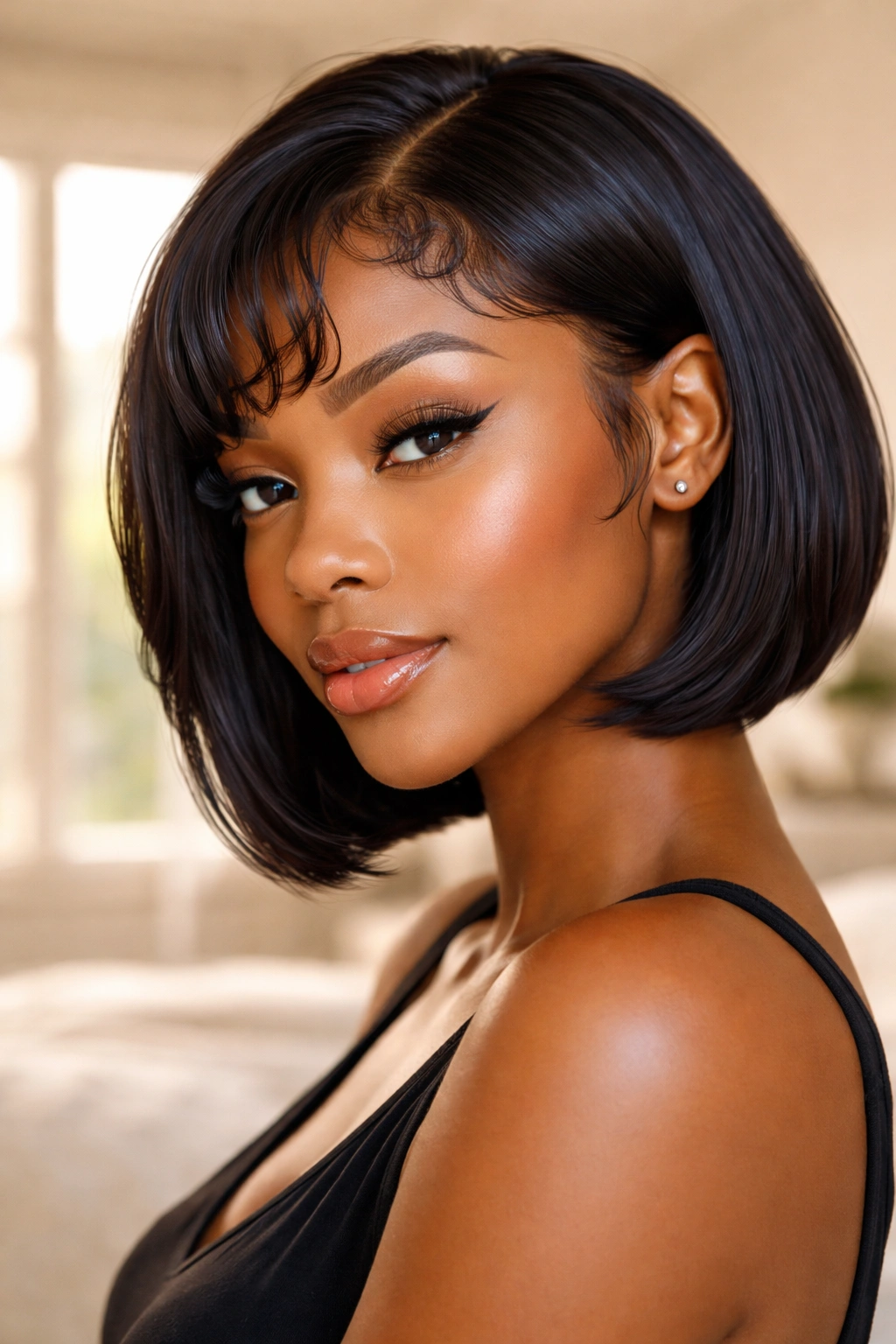 Close-up of a real woman's face-framing baby curl fringe on a short silk press