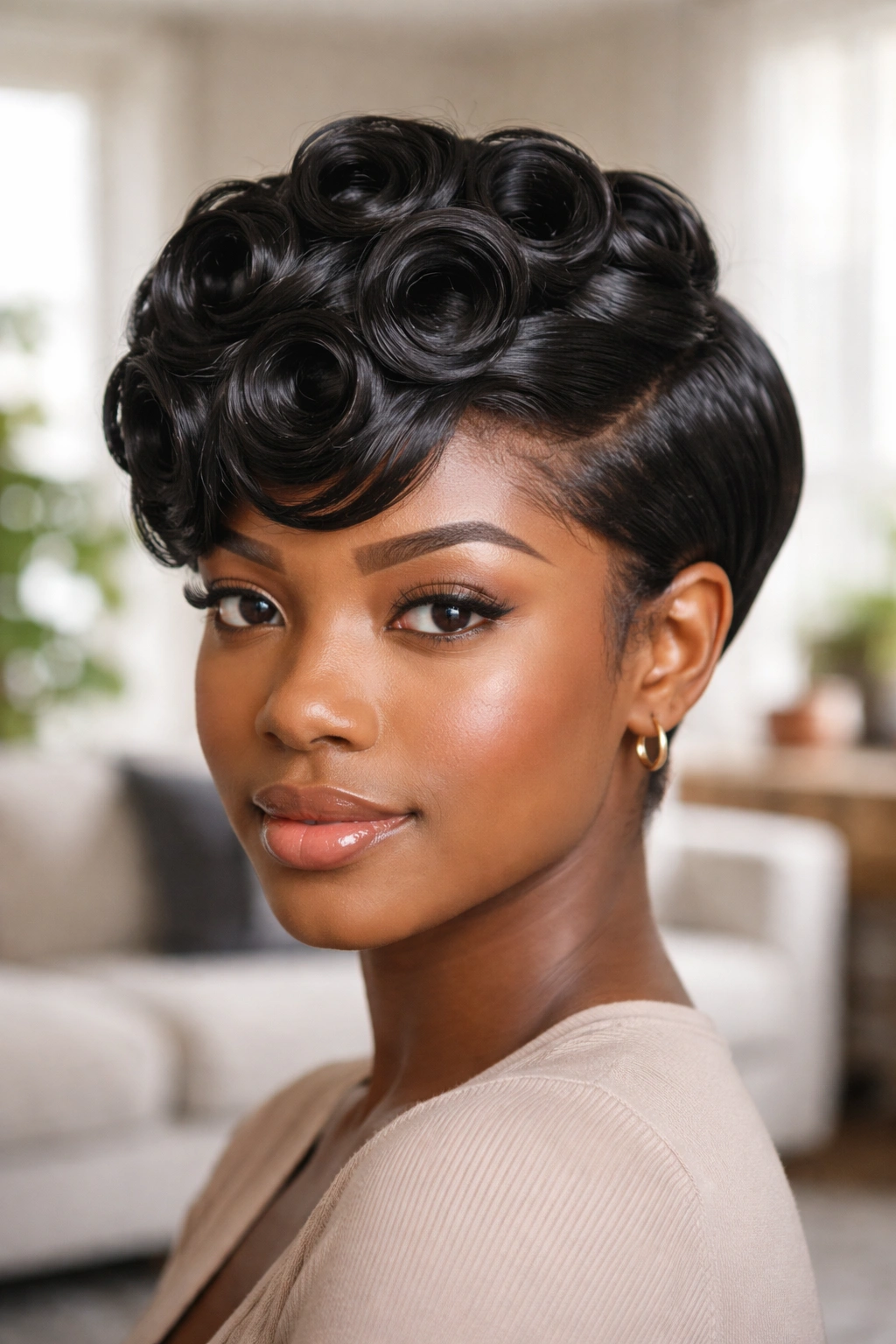 Close-up of short silk-pressed hair with pin curls pinned against the scalp in bright daylight.