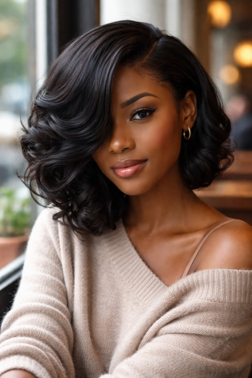 Close-up portrait of a real woman with side-swept curls on a short silk press.