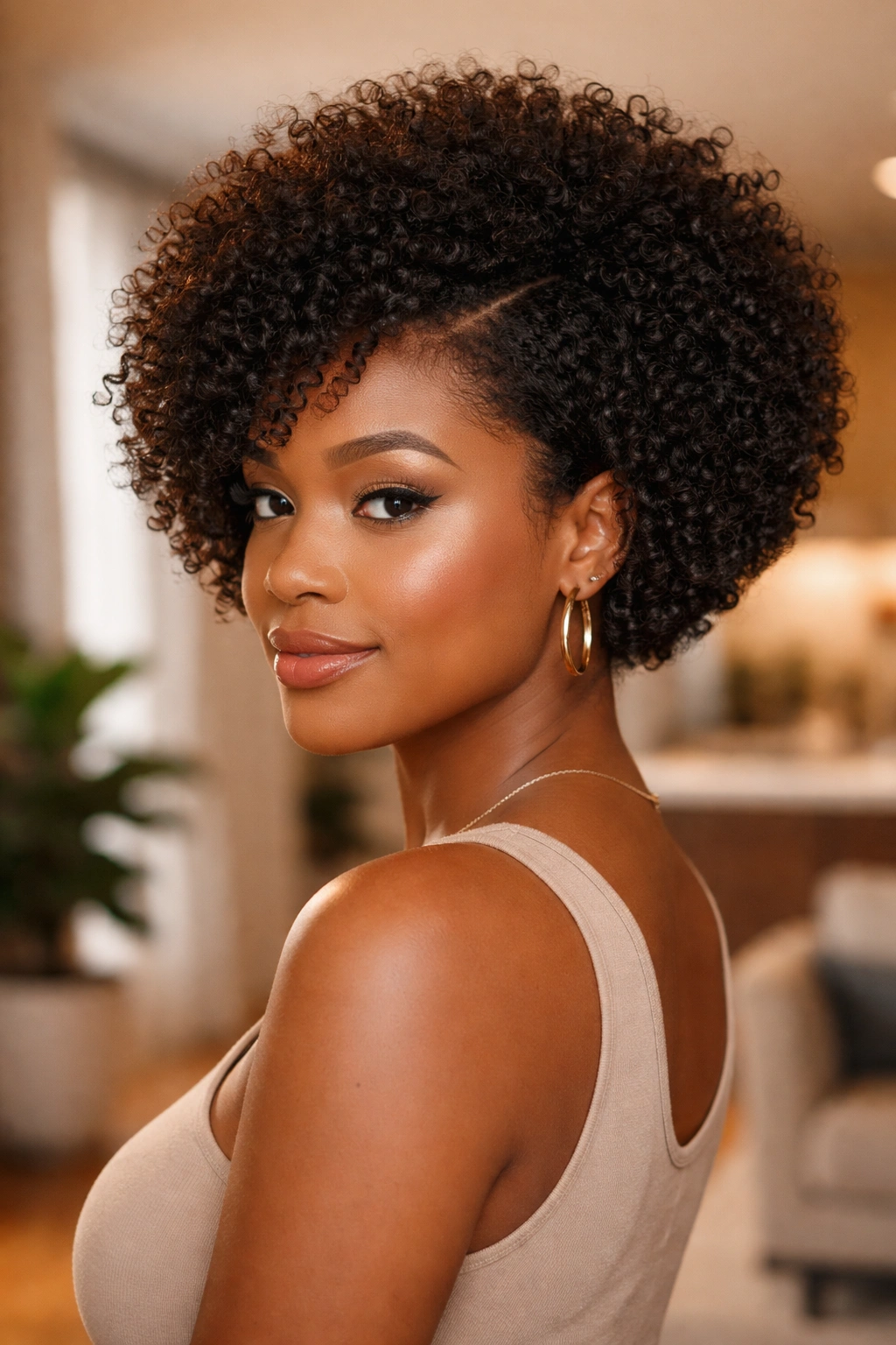 Close-up of a real woman with a short stacked Afro Bob and crown height