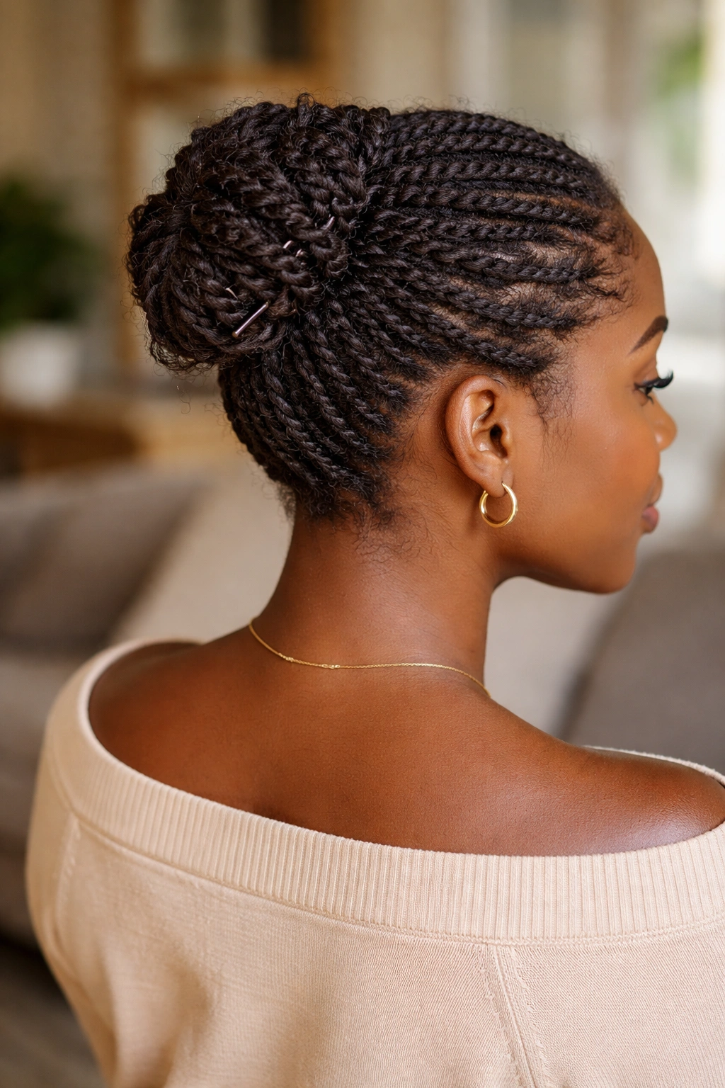 Real woman with short twists in a rounded crown bun pinned in an X