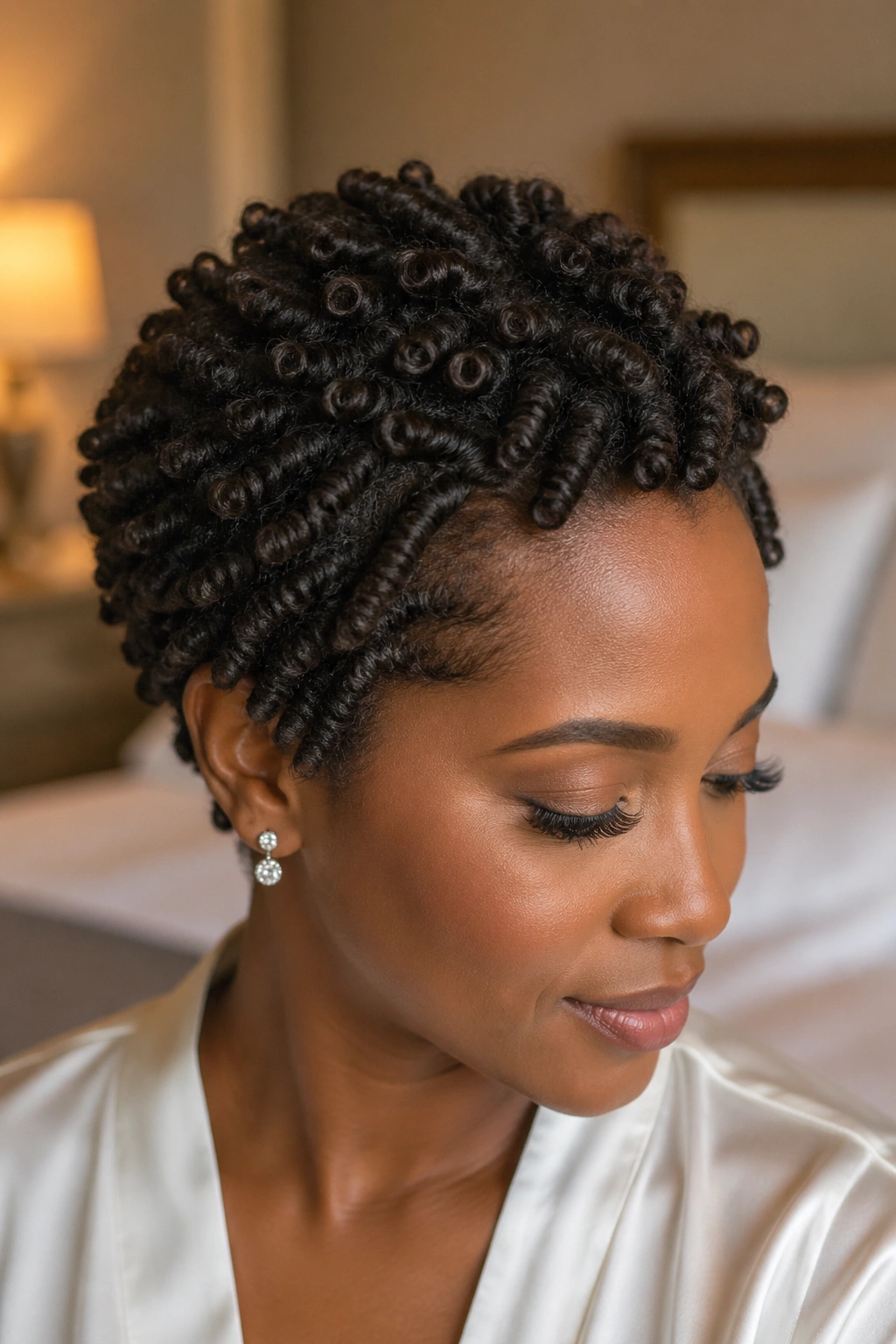 Close-up of a real woman with a short twist-out hairstyle.