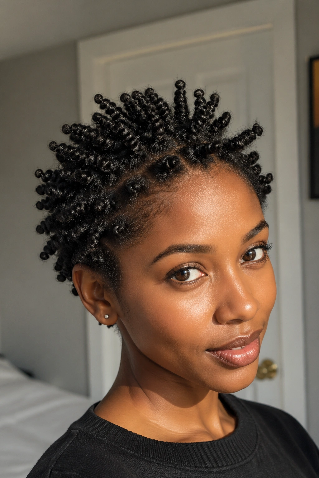Close-up of a real woman with upright short two-strand twists