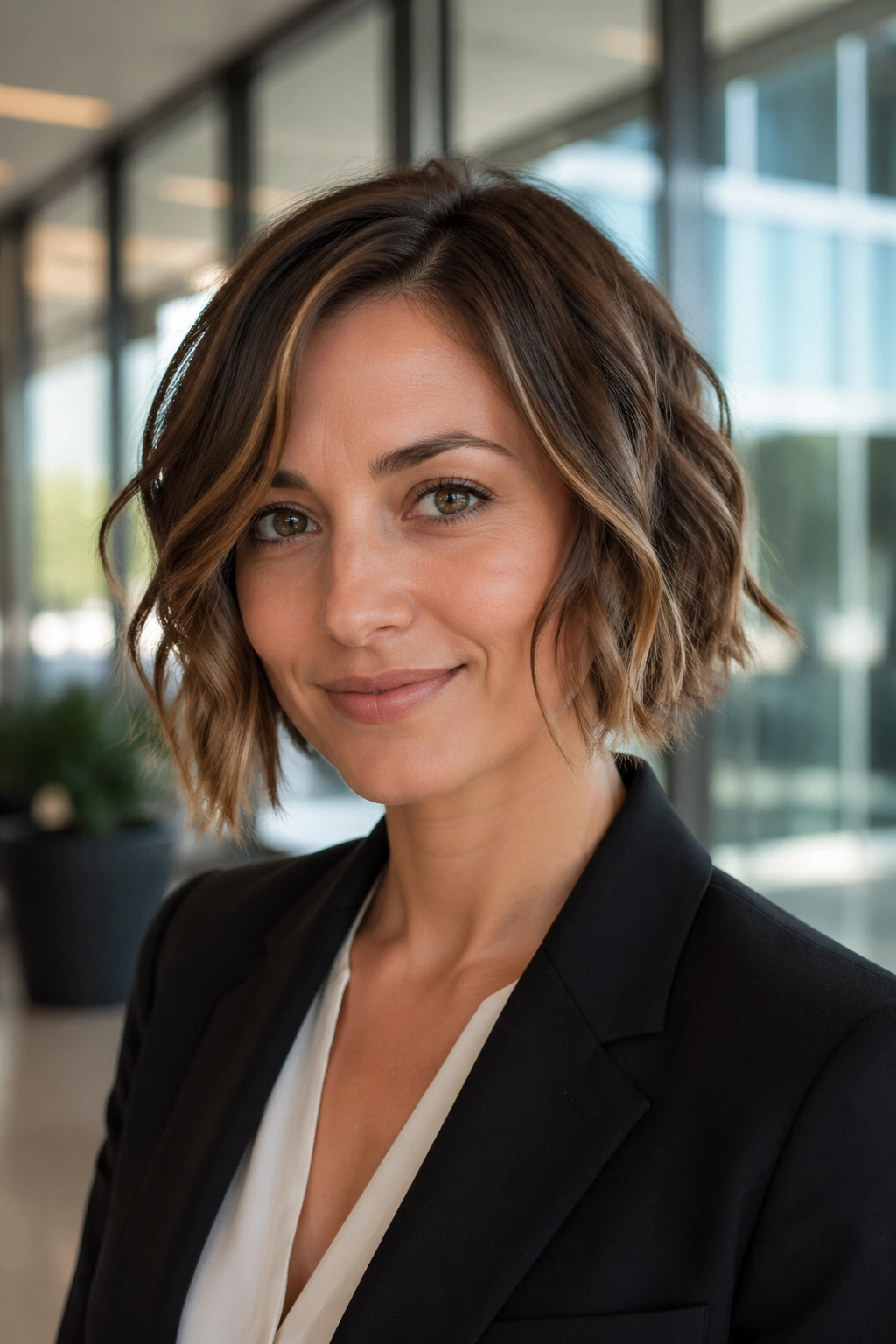 Close-up of a real woman with a short wavy bob and defined pieces in an office lobby