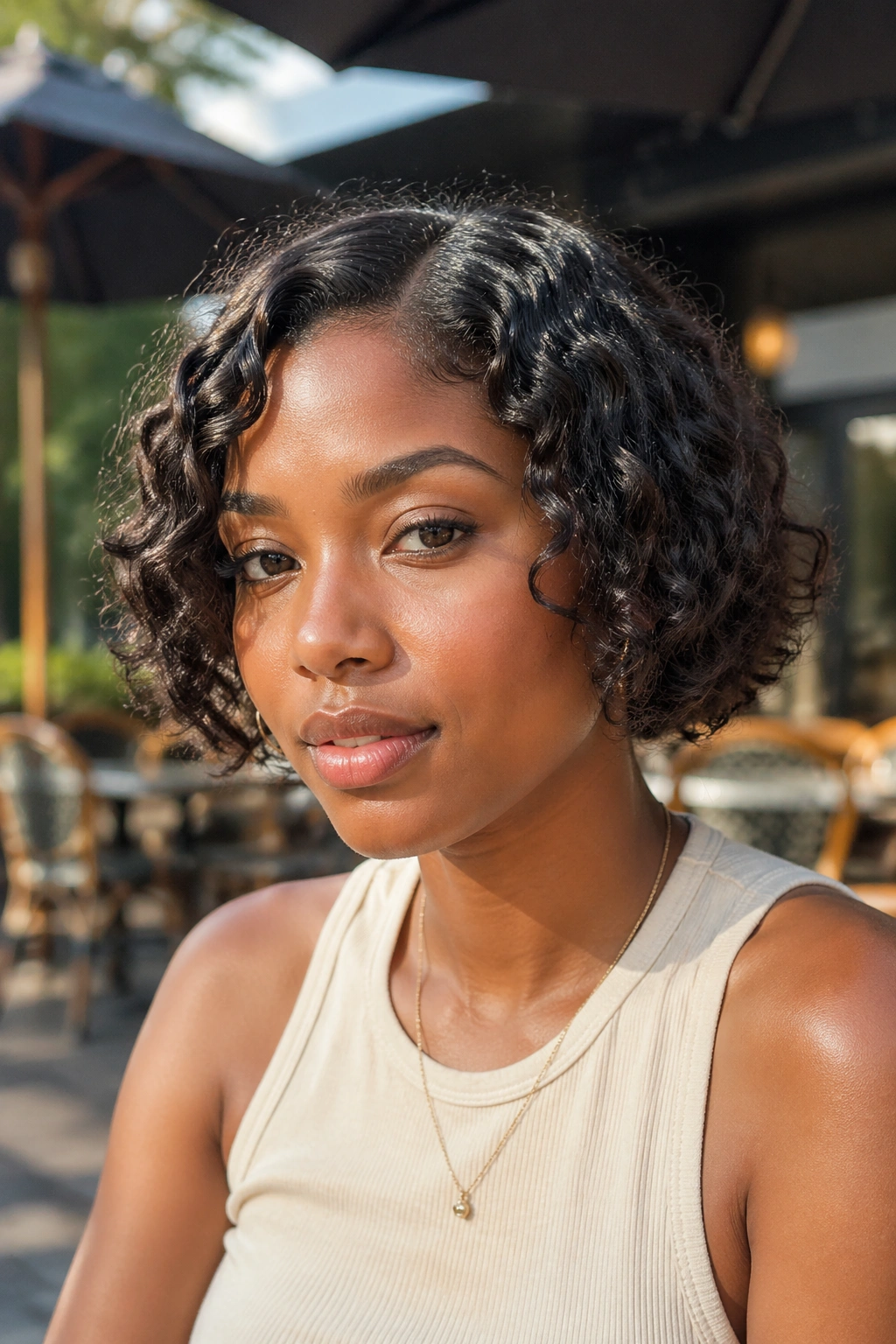 Close-up of a real person with short wavy natural cut