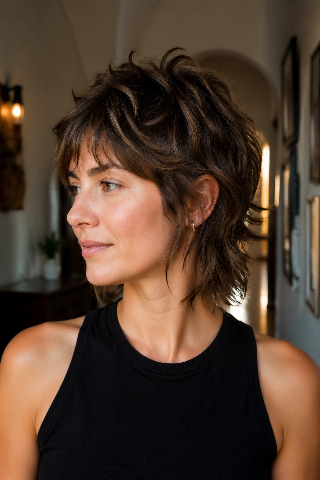 Close-up of a real woman with a short wolf cut in a stylish indoor setting