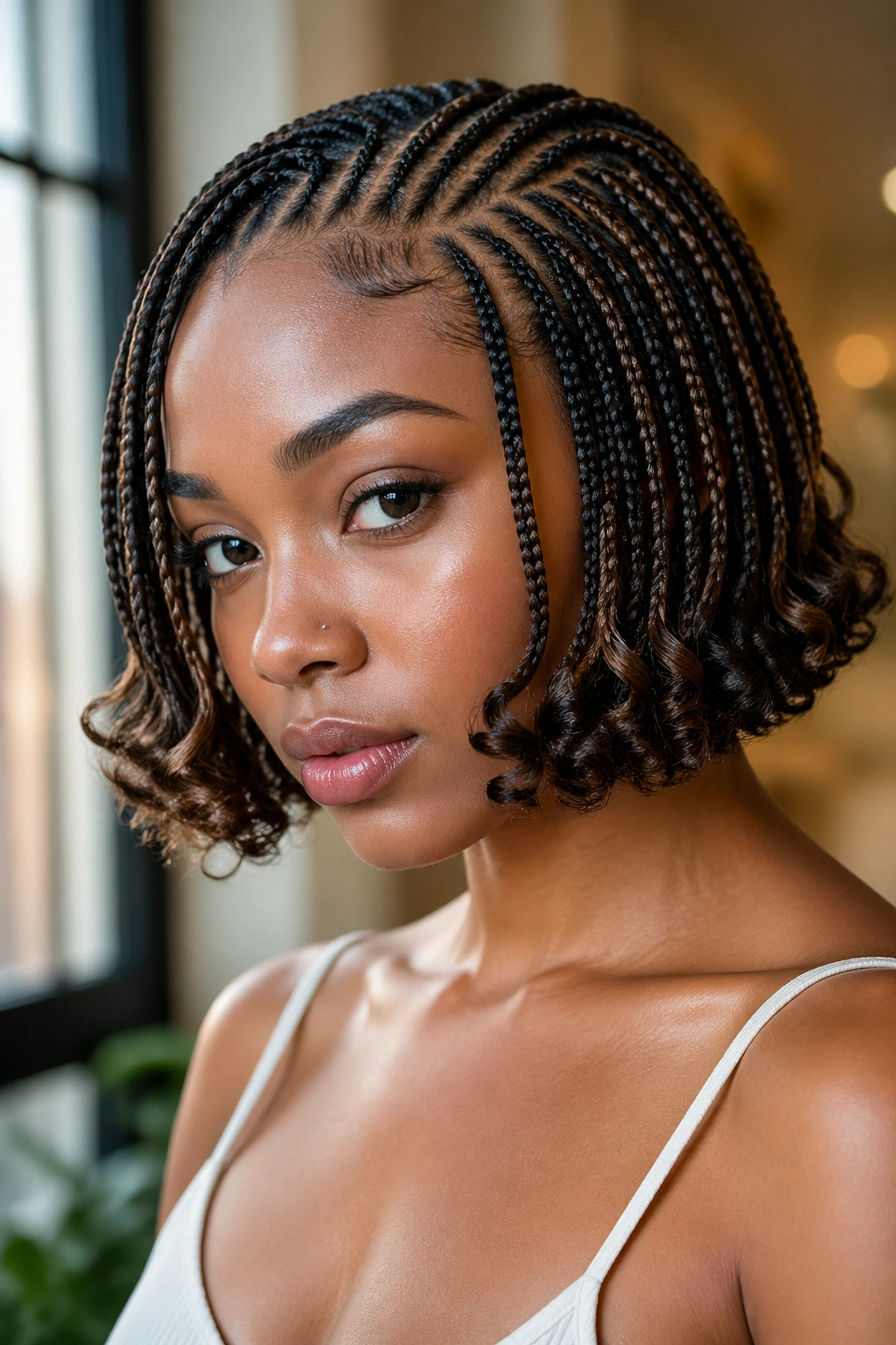 Close-up of a real woman with chin-length cornrow bob and outward curled ends framing her face