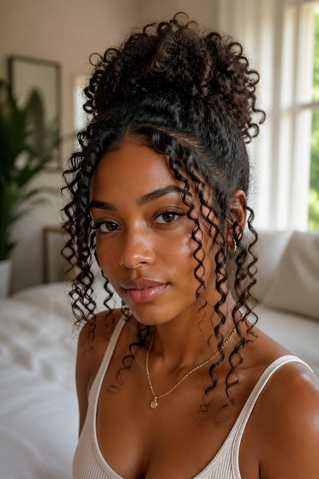 Shoulder-length cascading curls framing the face from a pulled-up style