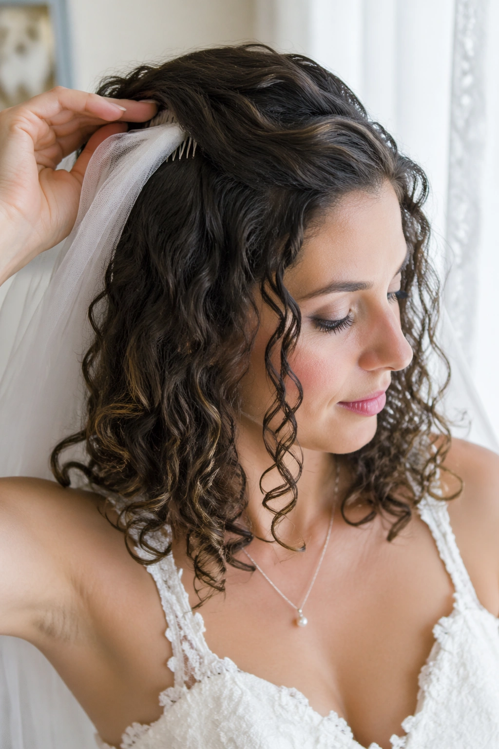 Bride with shoulder-length curls and veil tucked under top layer