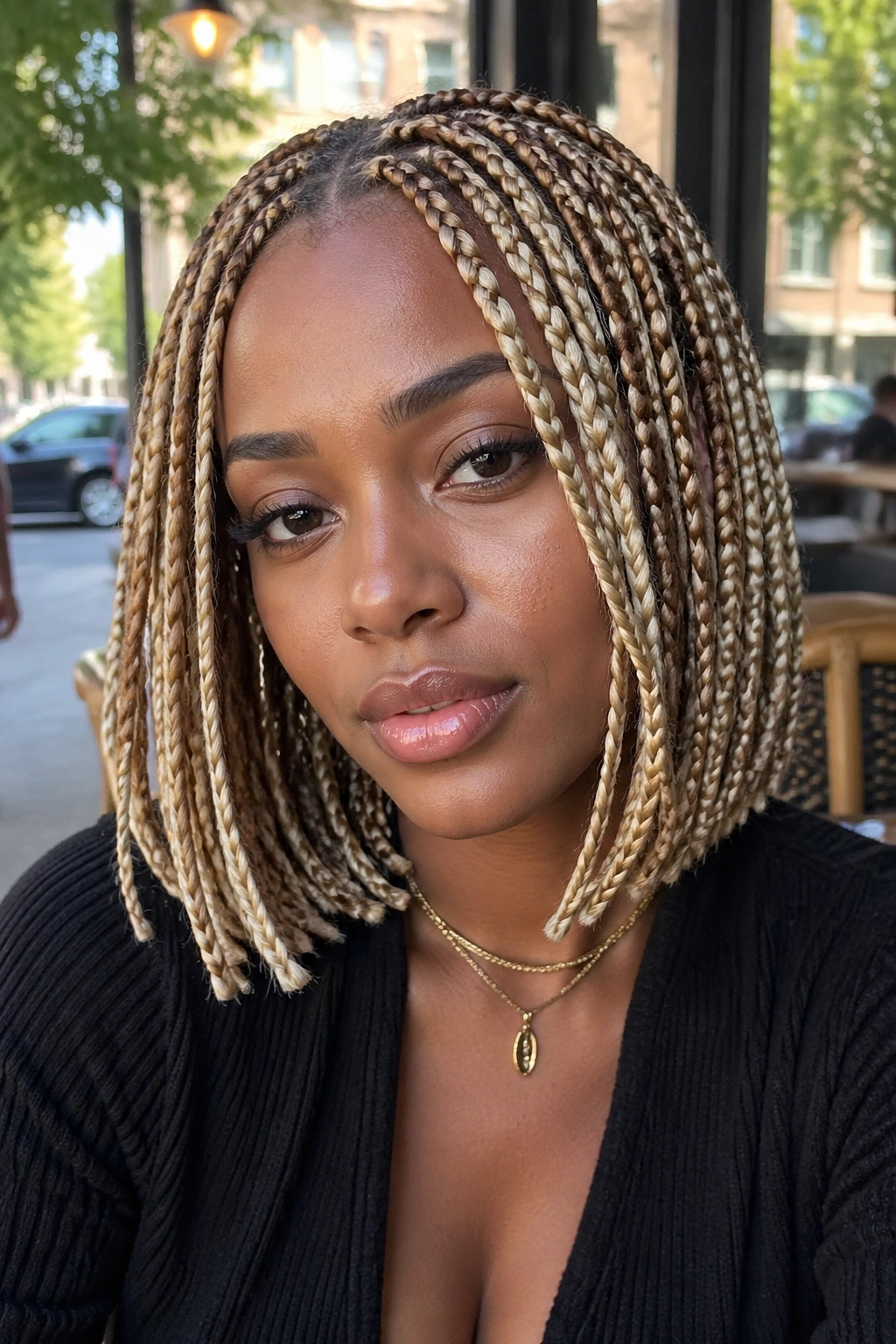 Close-up of a real woman with shoulder-grazing blonde bob braids in daylight city setting