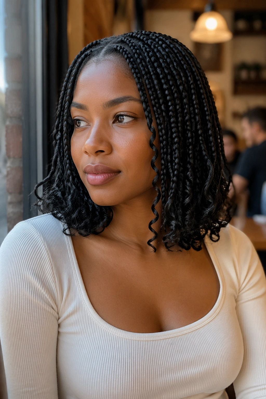 Real woman with shoulder-grazing box braids and curly ends