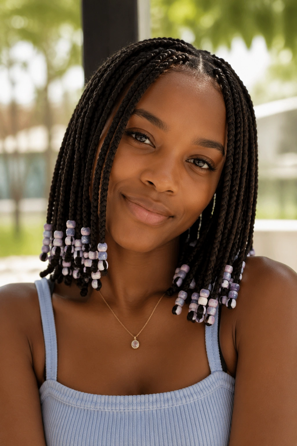 Close-up of a real person with shoulder-length braids and pastel beads in natural light.