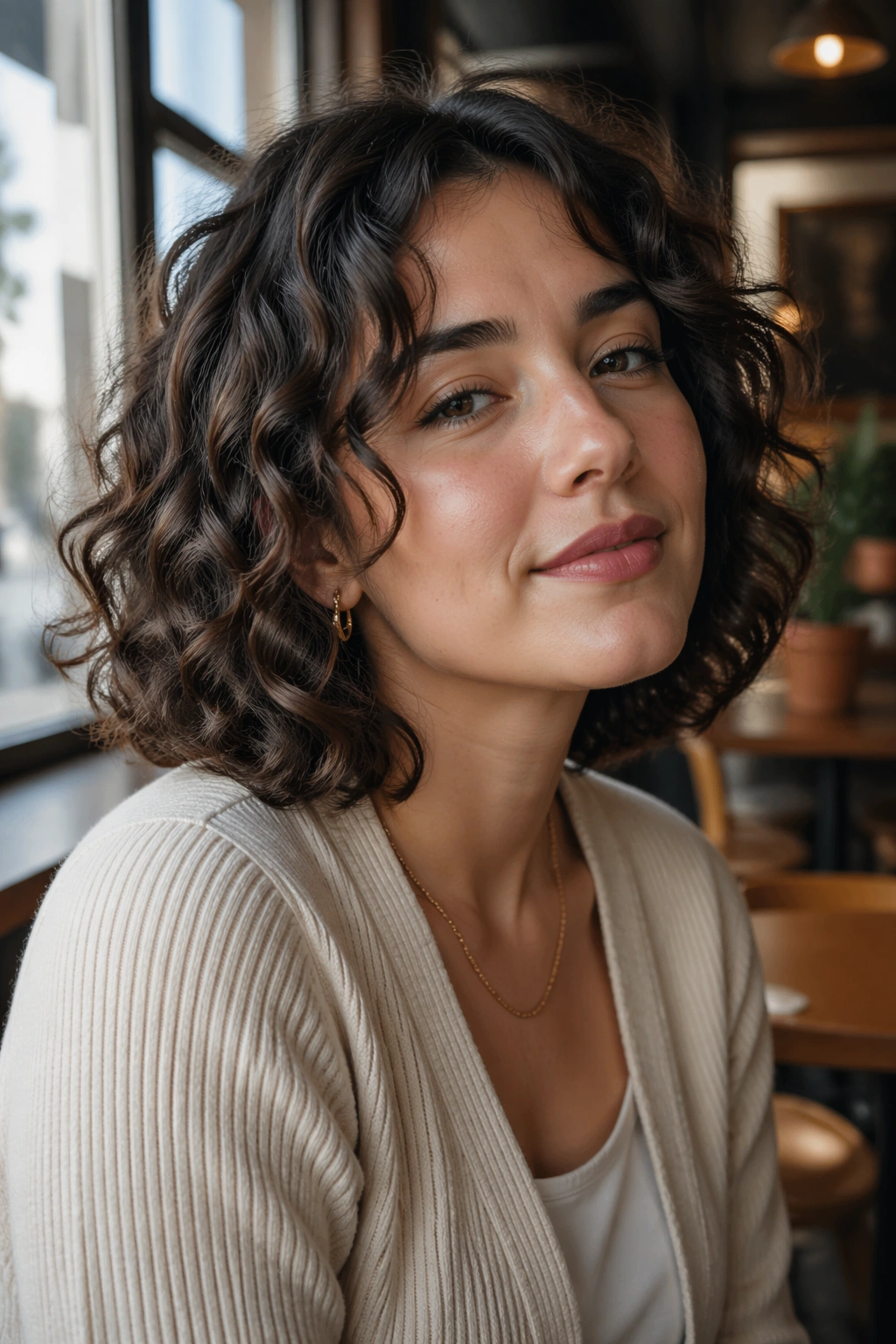 Close-up of a real person with shoulder-grazing curly lob and soft ends in natural light
