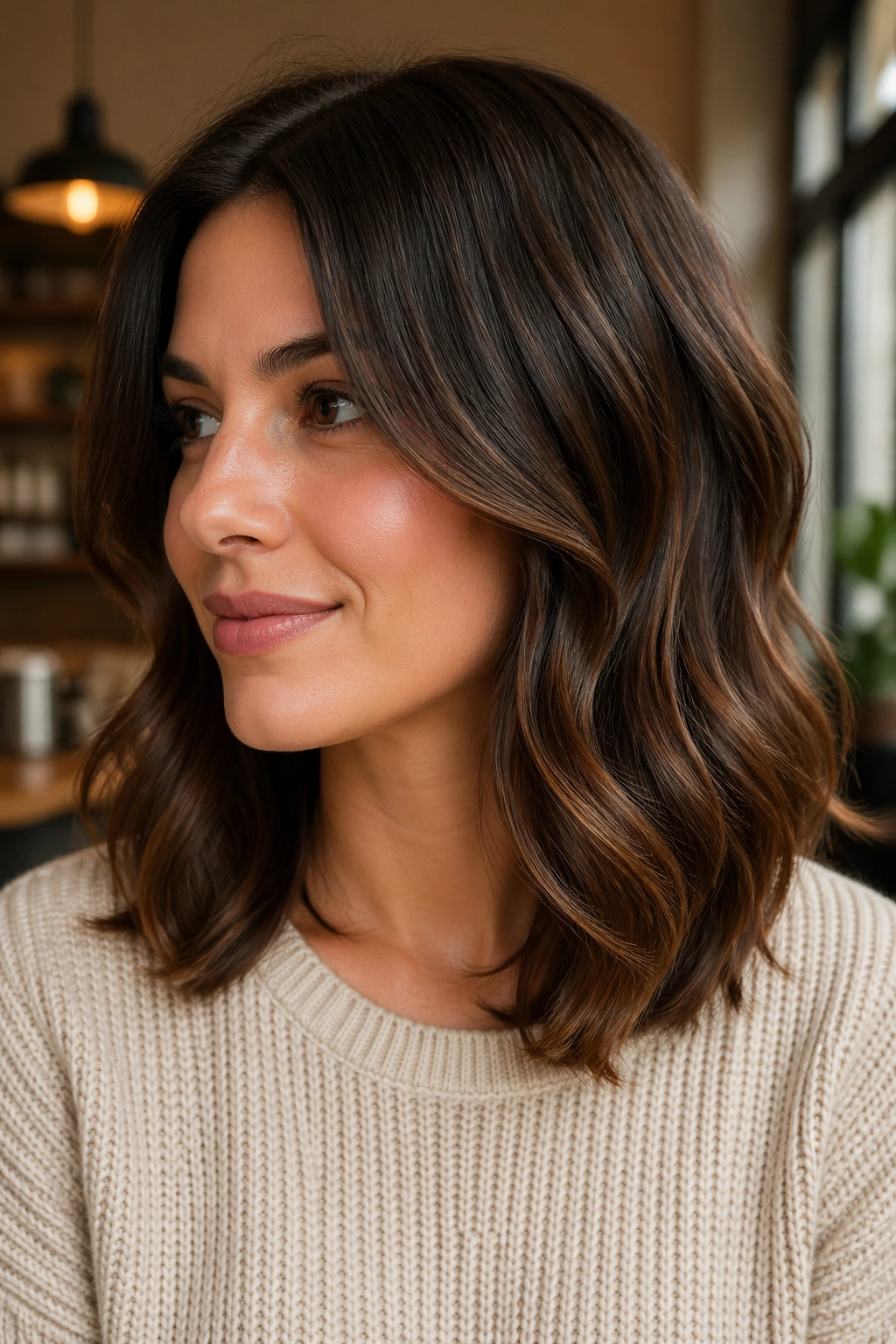 Brunette with shoulder-grazing layers and bent ends in warm light