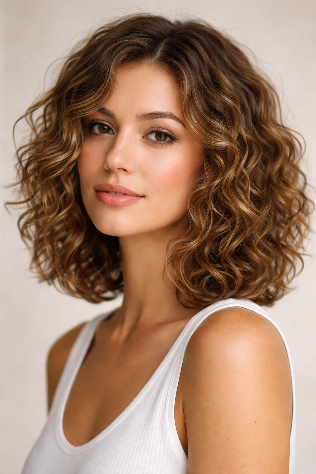 Shoulder-grazing lob curls with collarbone length in studio portrait