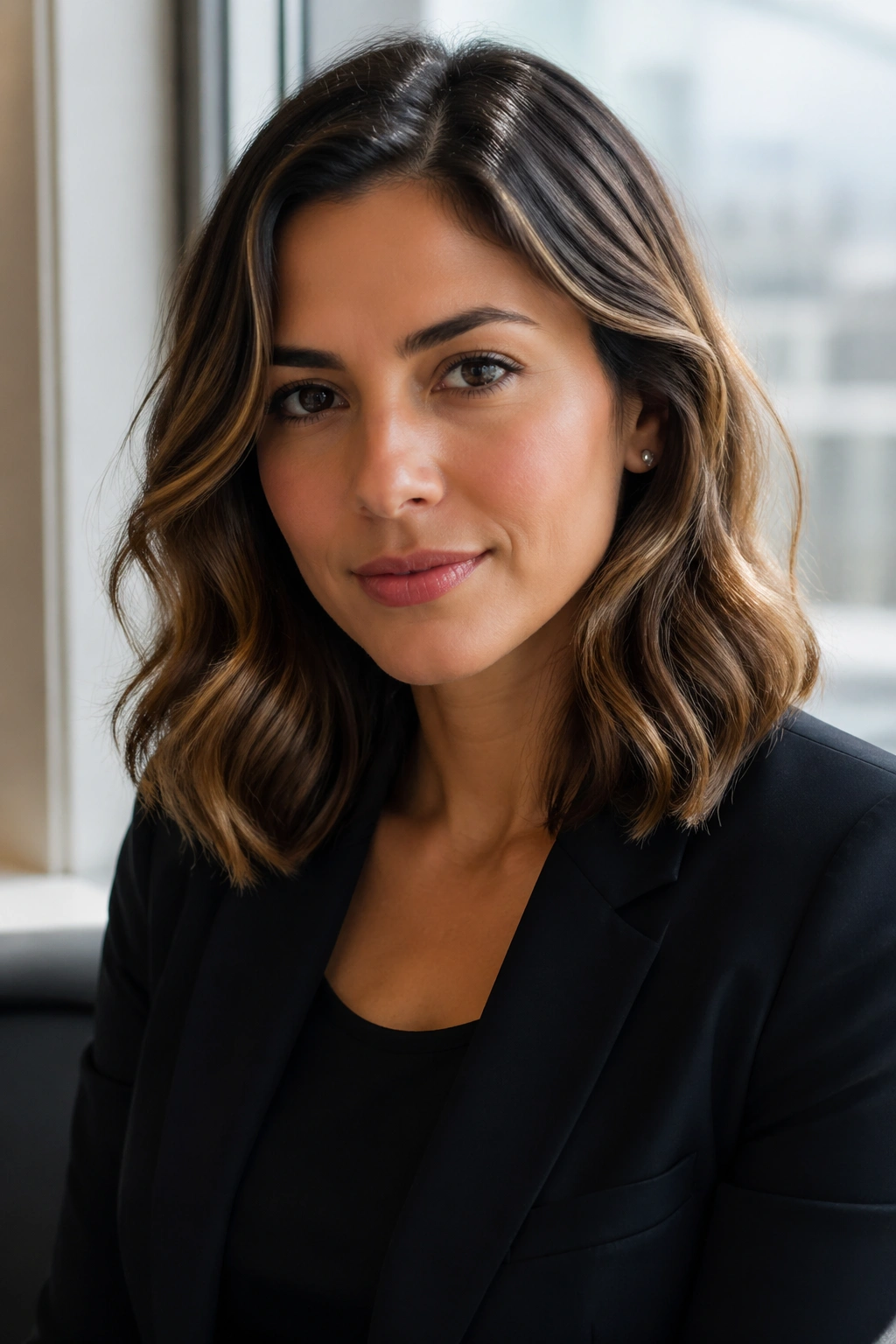 Portrait of a real woman with shoulder-length satin waves for an interview