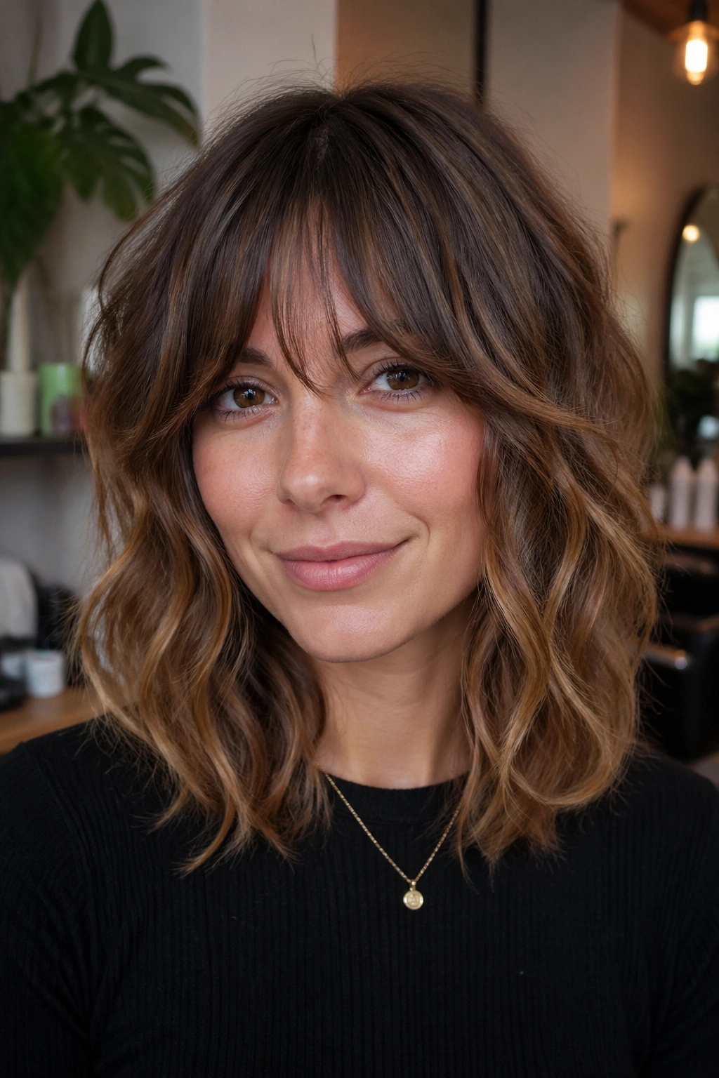 Portrait of a real person with shoulder-grazing shag and bottleneck bangs in natural light