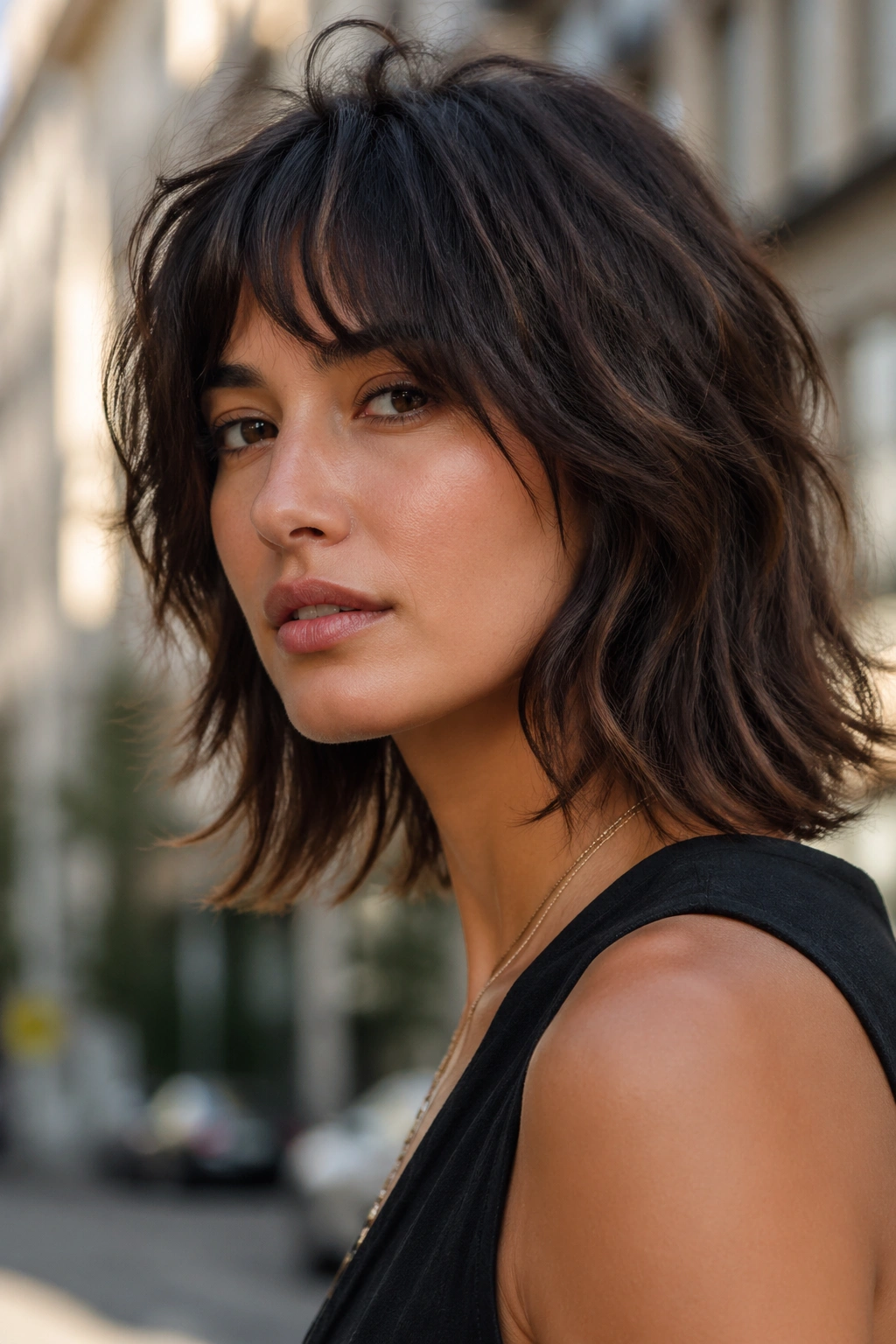 Real woman with shoulder-grazing shag haircut in natural light