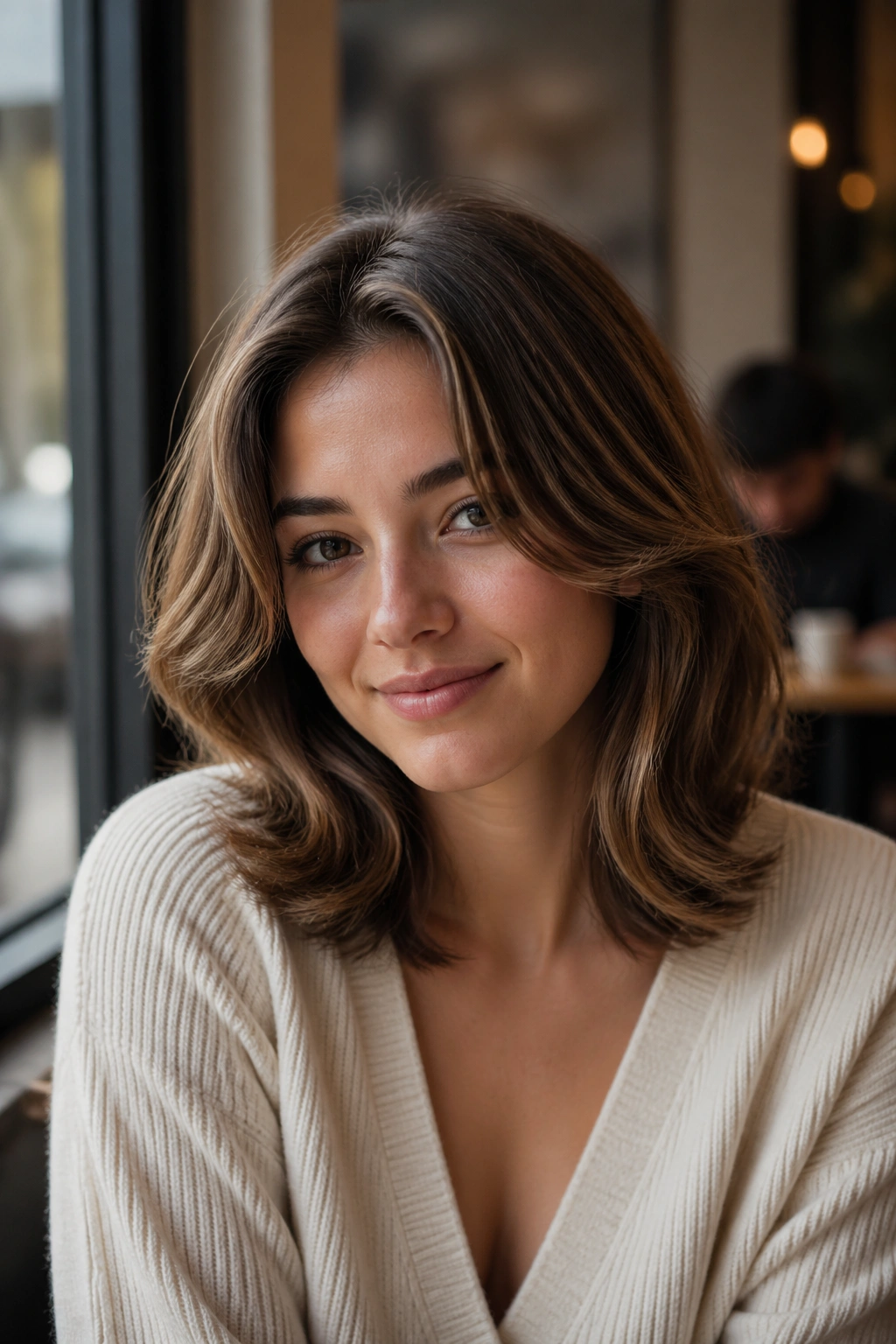 Portrait of a real person with shoulder-grazing swoop layers framing the shoulders