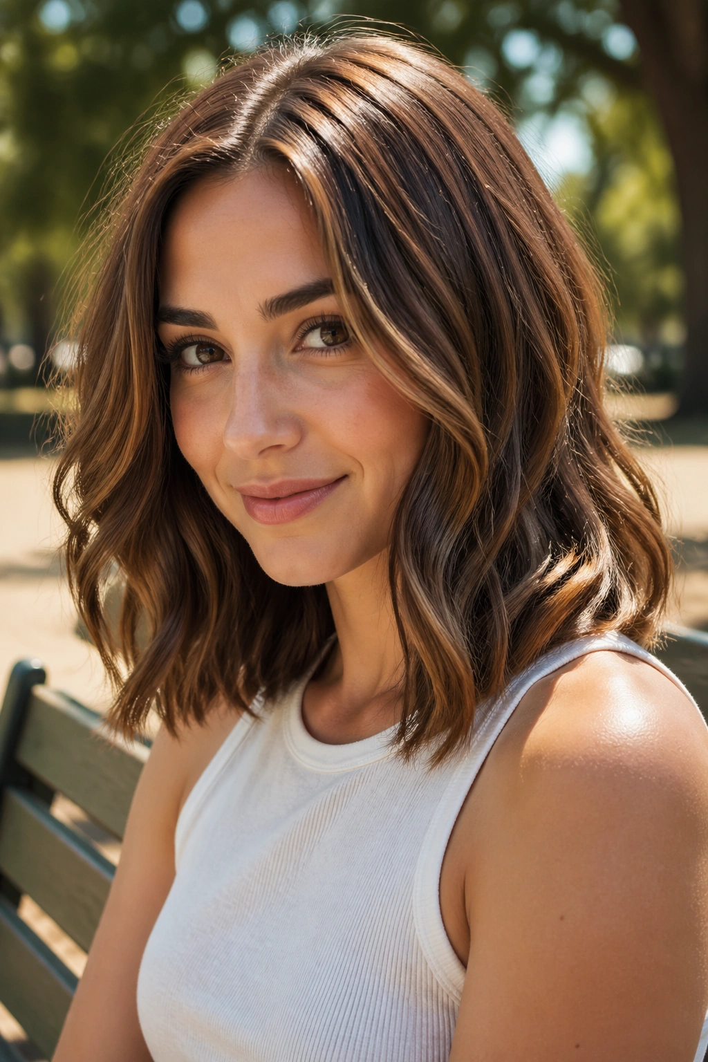 Real person with shoulder-length waves and cinnamon lowlights in natural light