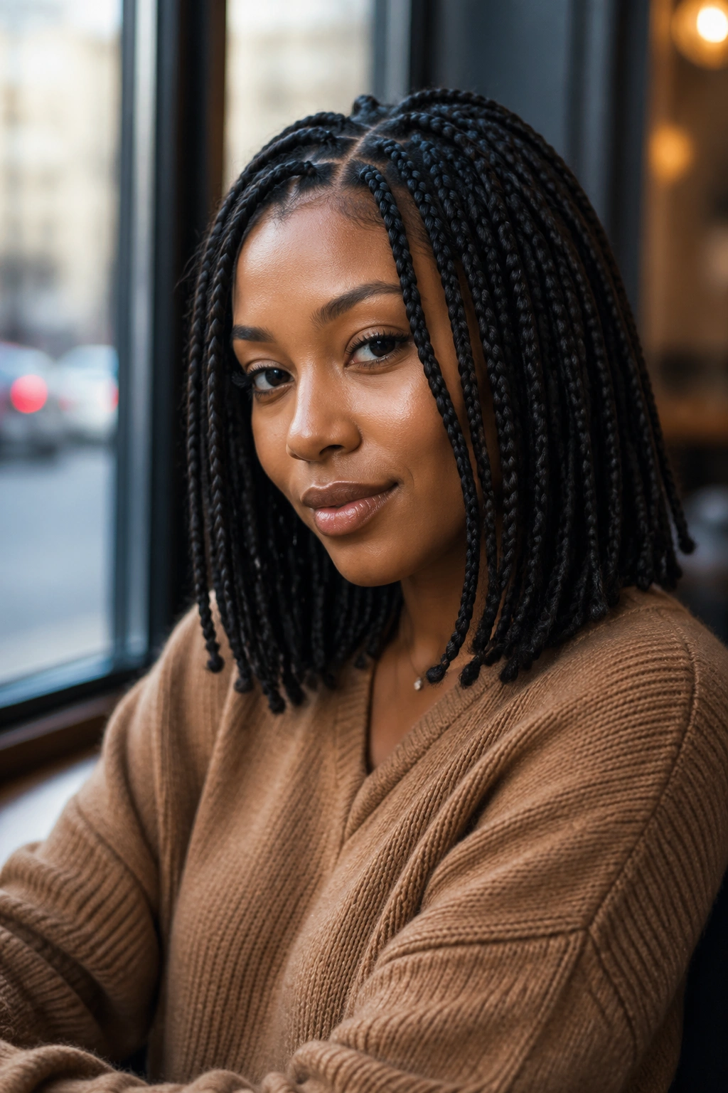 Shoulder-length box braids on a real person, portrait in cafe setting