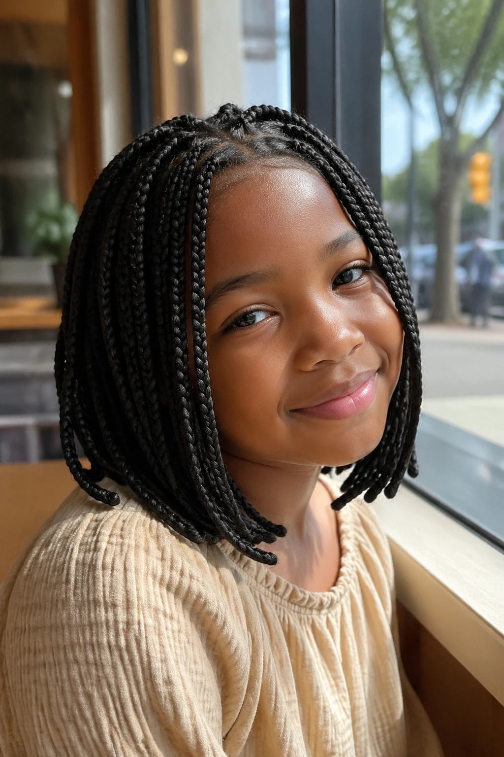 Girl with shoulder-length box braids bob framing her face.