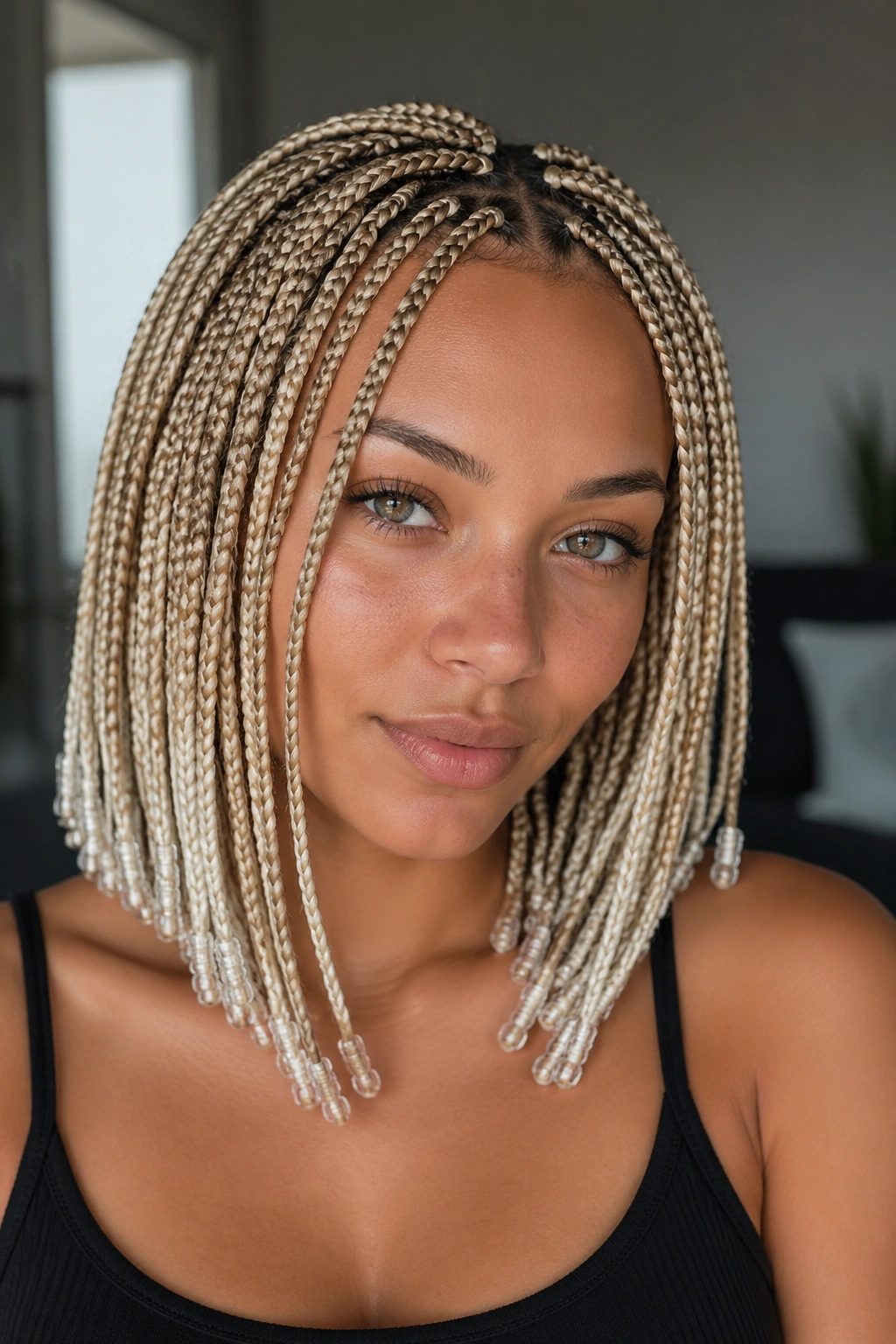 Close-up portrait of a real woman with shoulder-length box braids ending in white tips.