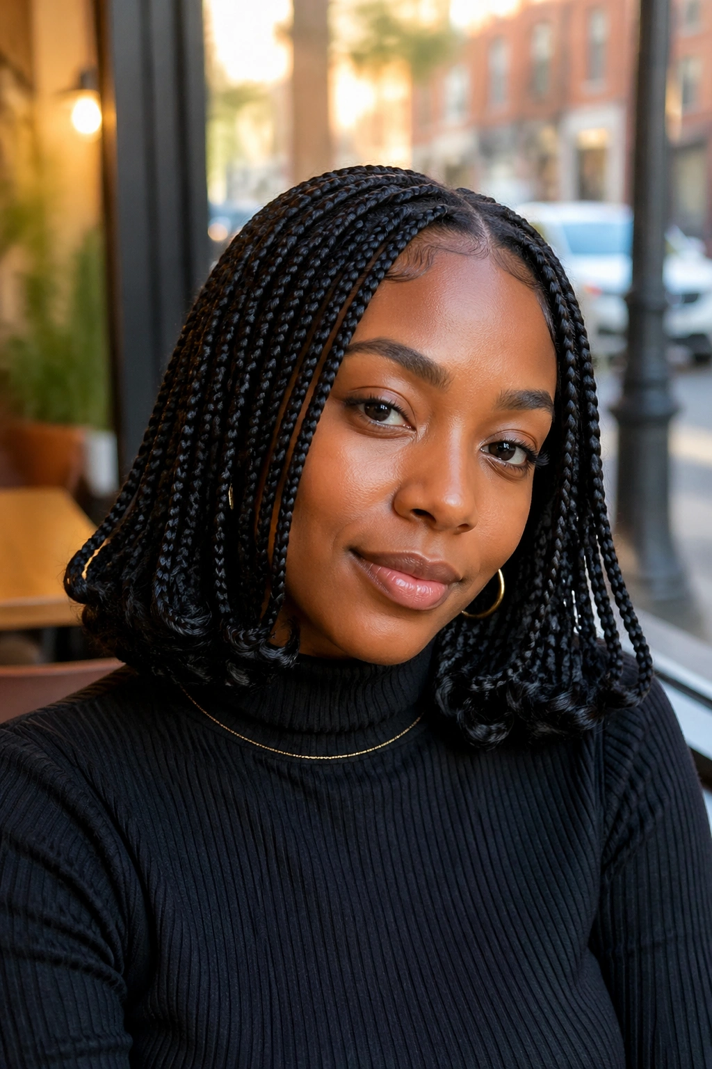 Close-up of a real person with shoulder-length braids ending in flipped curls