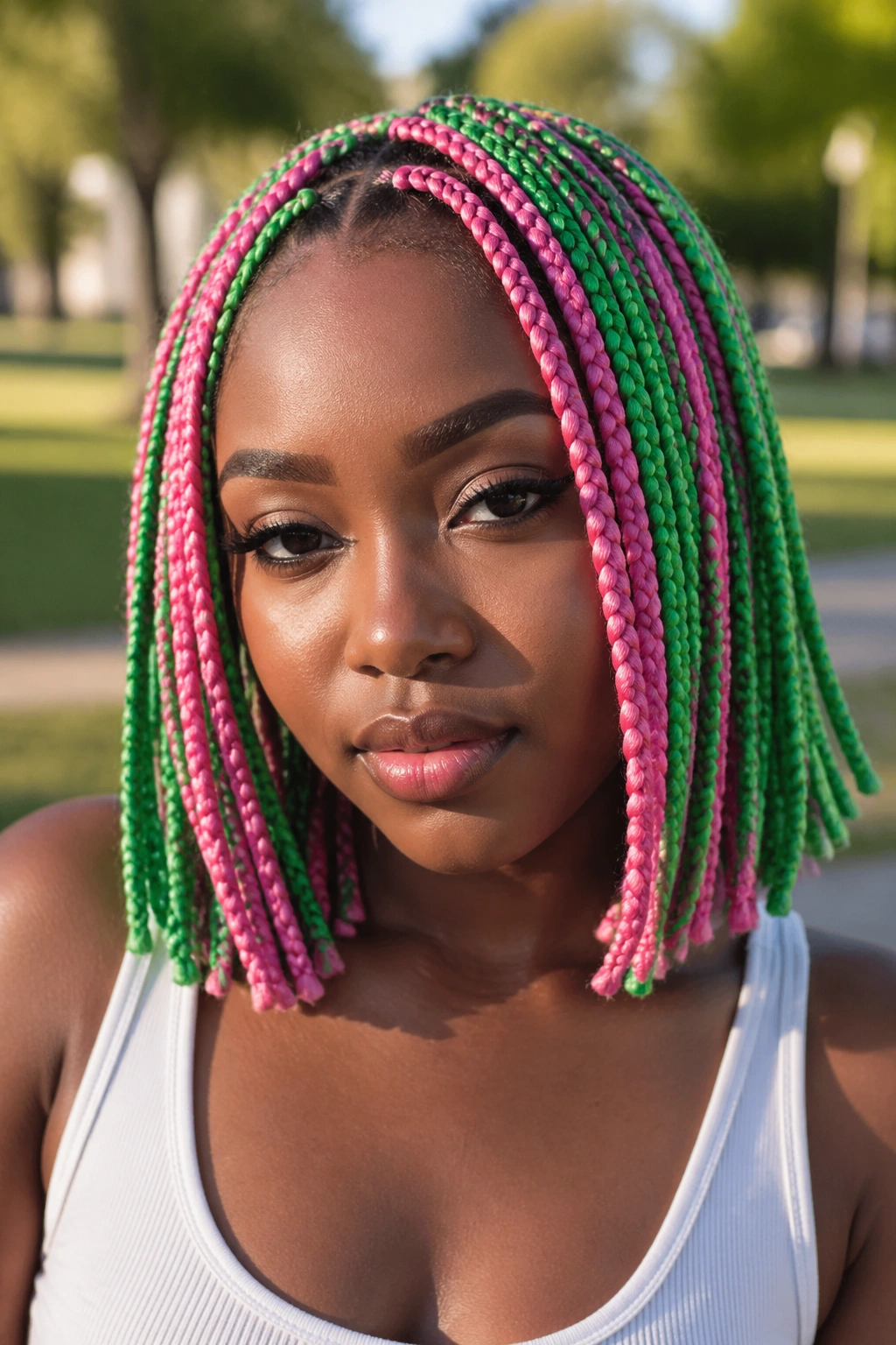 Shoulder-length green and pink box braids close-up on real person