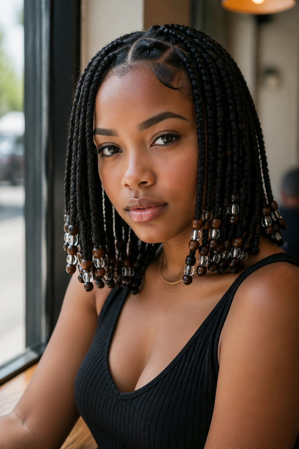 Portrait of a real woman with shoulder-grazing knotless braids and mixed bead sizes.