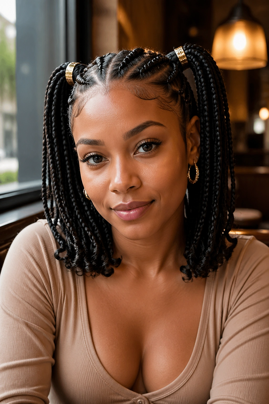 Close-up of a real woman with shoulder-length twin braids.