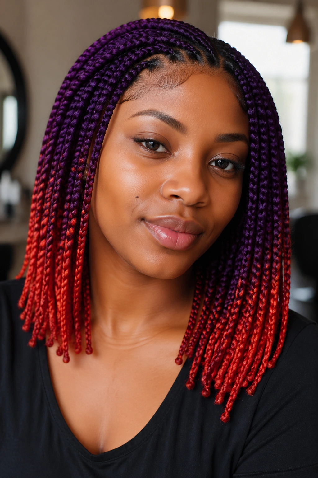 Close-up portrait of a real person with shoulder-length purple and fire-red box braids in warm salon light.