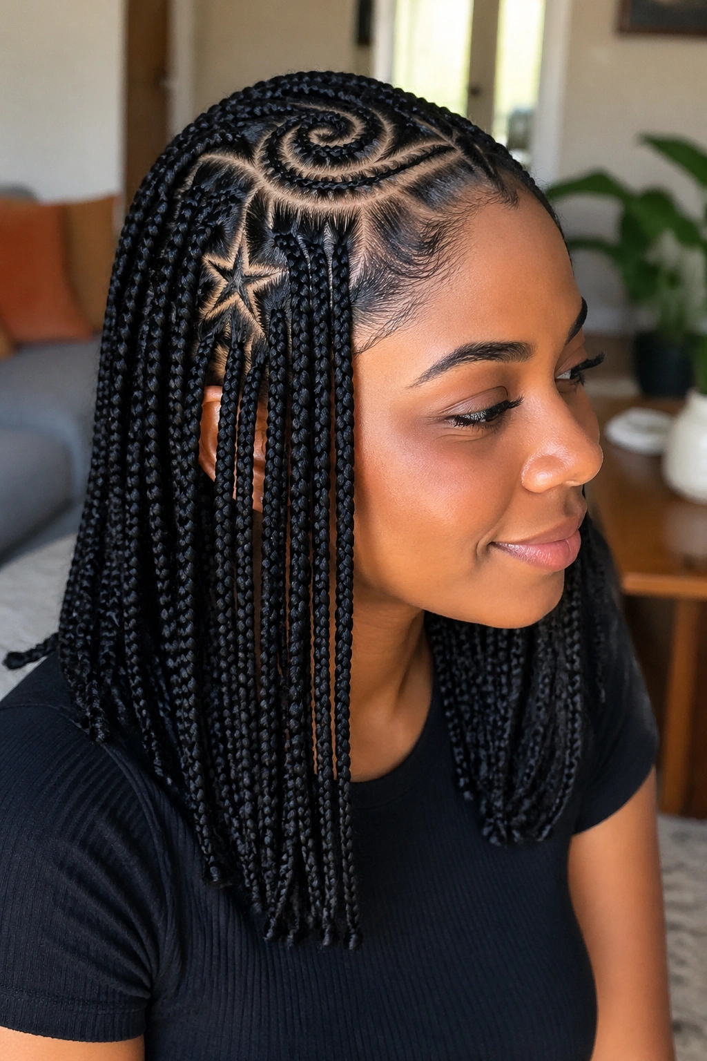 Close-up portrait of a real person with shoulder-length braids and swirl-star parts at the crown