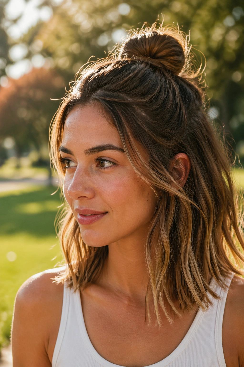 Close-up of a real person with shoulder-length hair in a soft half-up bun outdoors