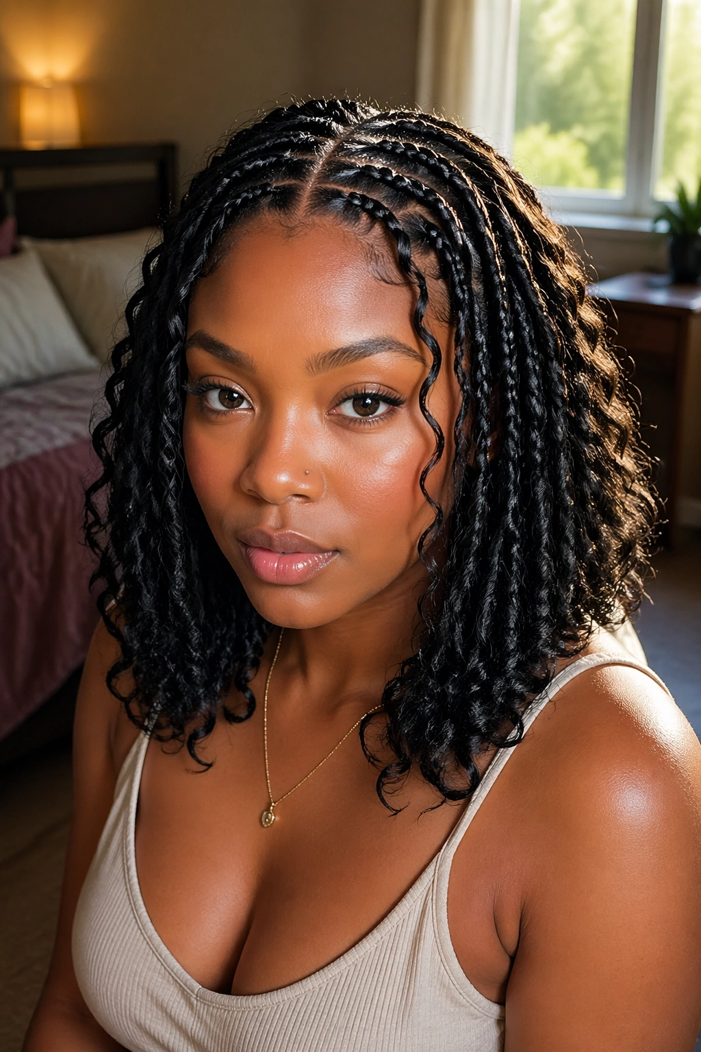 Close-up of shoulder-length bohemian cornrows with a middle part on a real woman