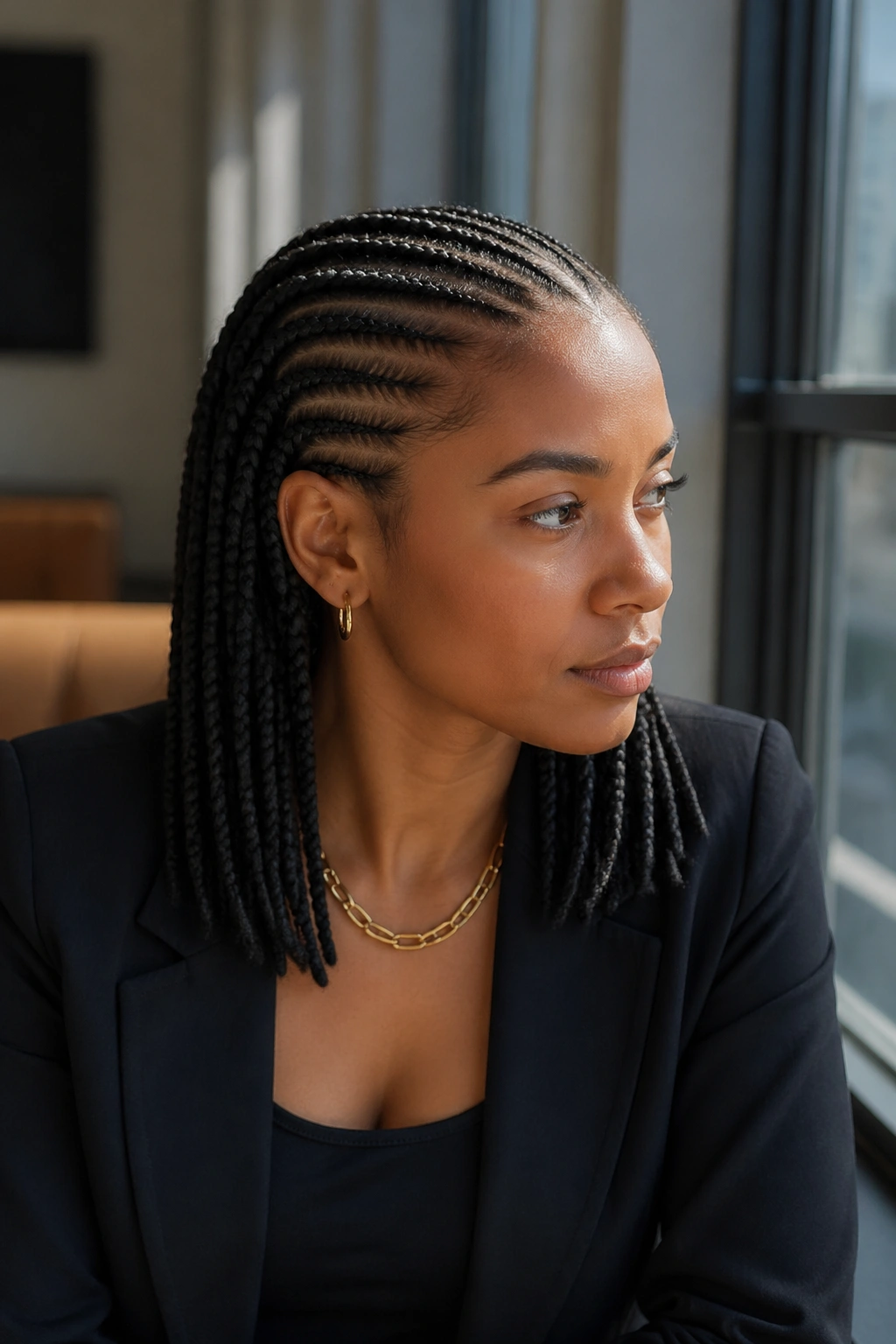 Close-up of a real person with shoulder-length straight-back cornrows.