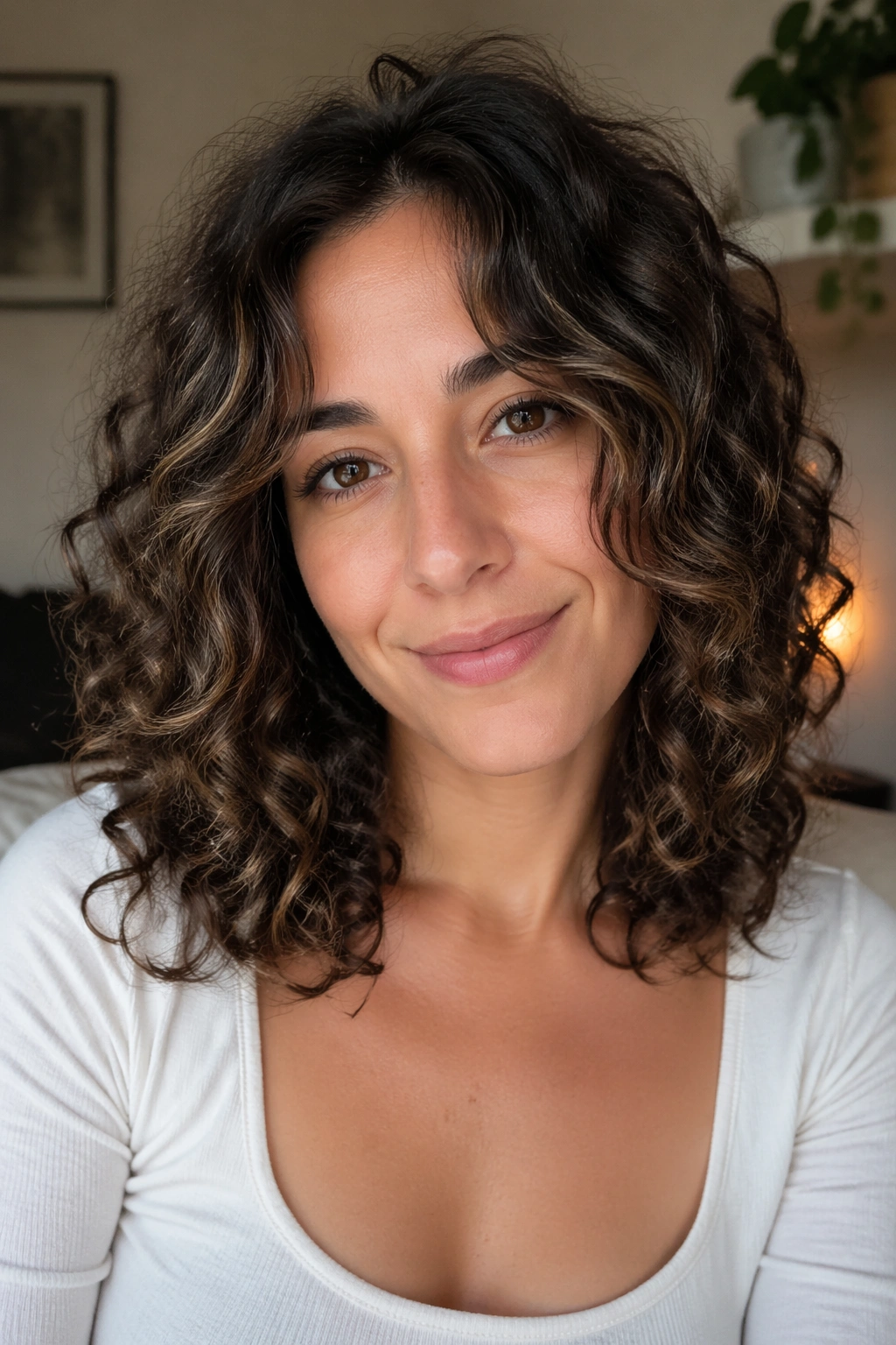 Real woman with shoulder-length curls and face-framing layers.