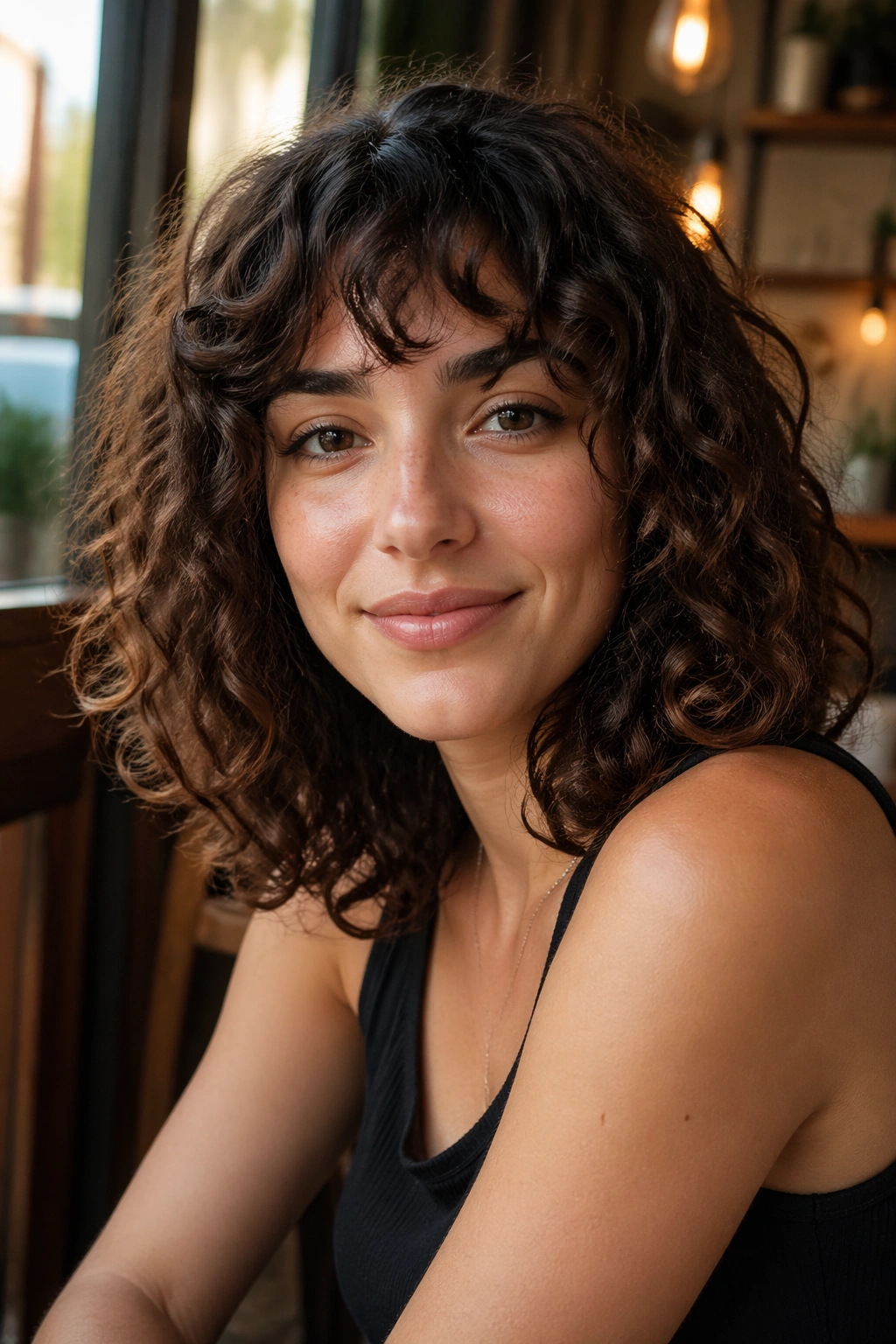Portrait of a woman with shoulder-length layered curls in warm cafe light.