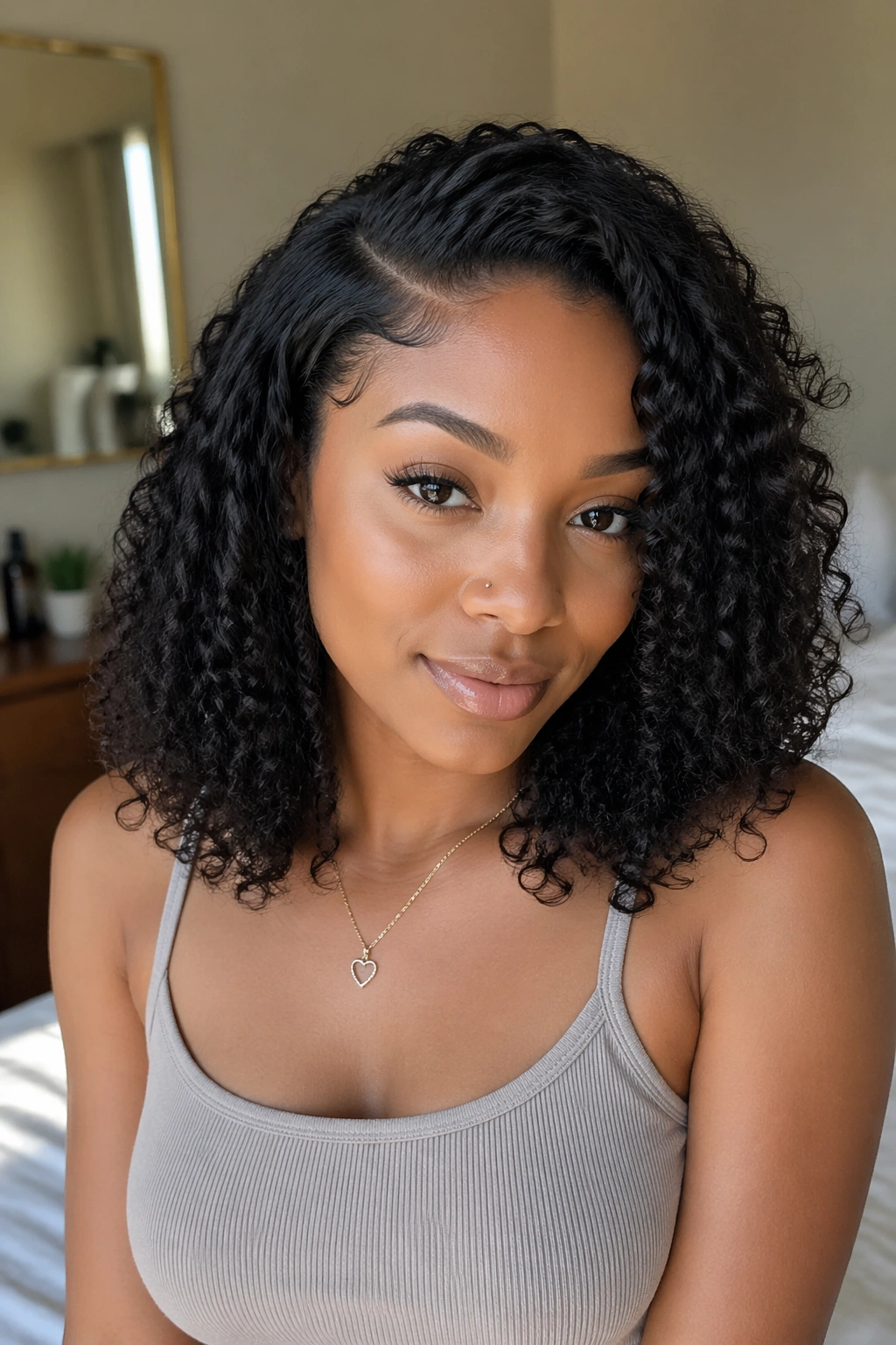 Shoulder-length curly sew-in with soft tapered ends on a real person in a sunlit room