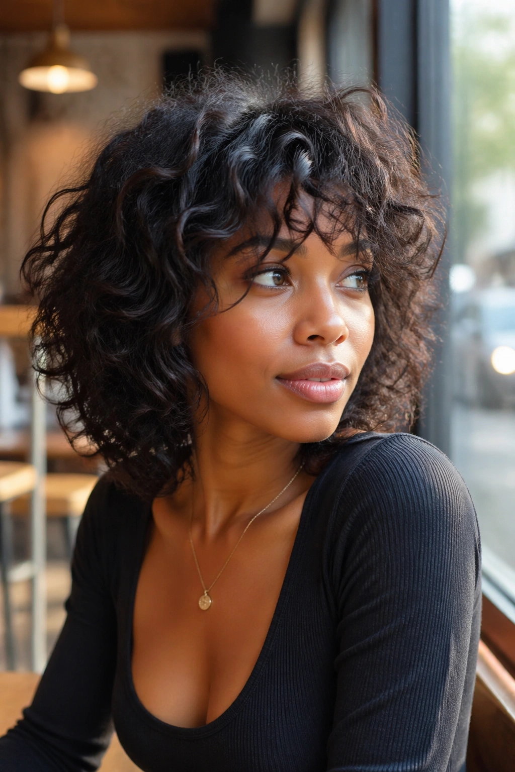 Medium close-up of a real Black woman with shoulder-length curly shag in bright indoor light