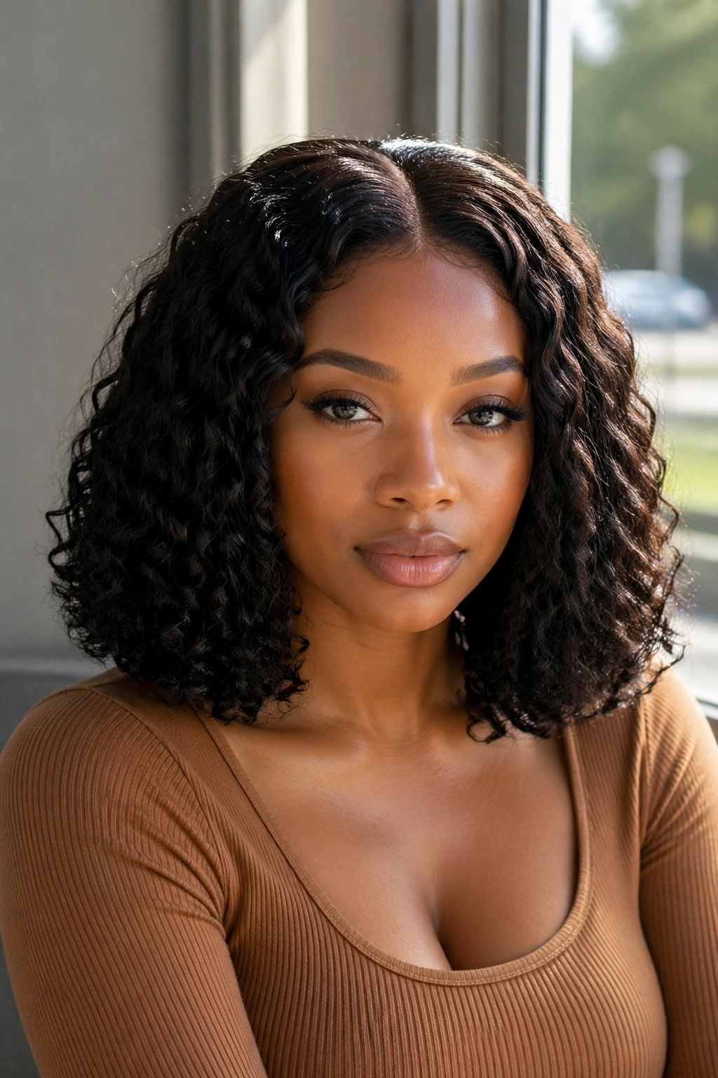 Close-up of a real Black woman with shoulder-length curly weave lob and a middle part near a window