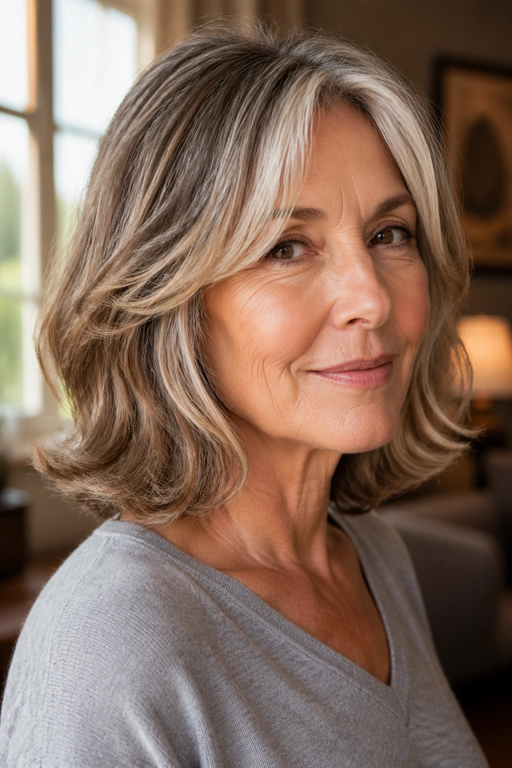 Real woman with shoulder-length hair that flips outward at the ends