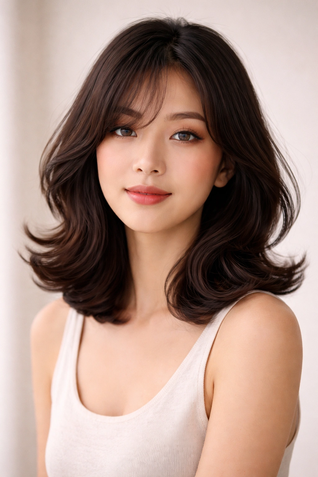 Shoulder-length hair with flip-out curls at the ends