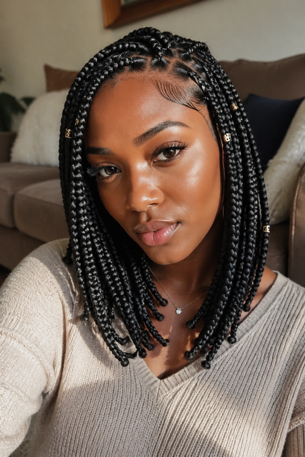 Close-up of a real woman with shoulder-length Fulani box braids