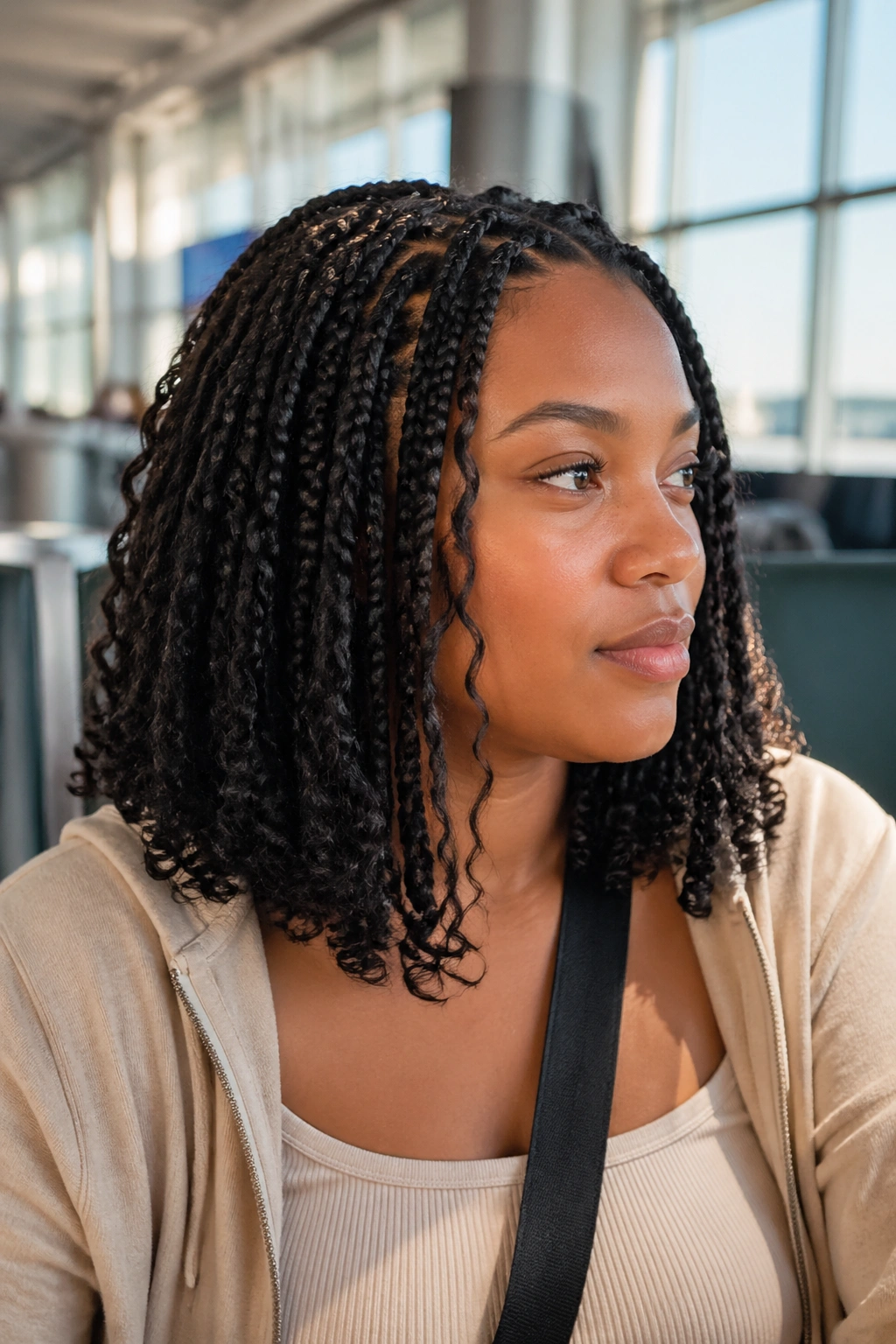 Close-up of shoulder-length travel-ready goddess box braids in a bright lounge