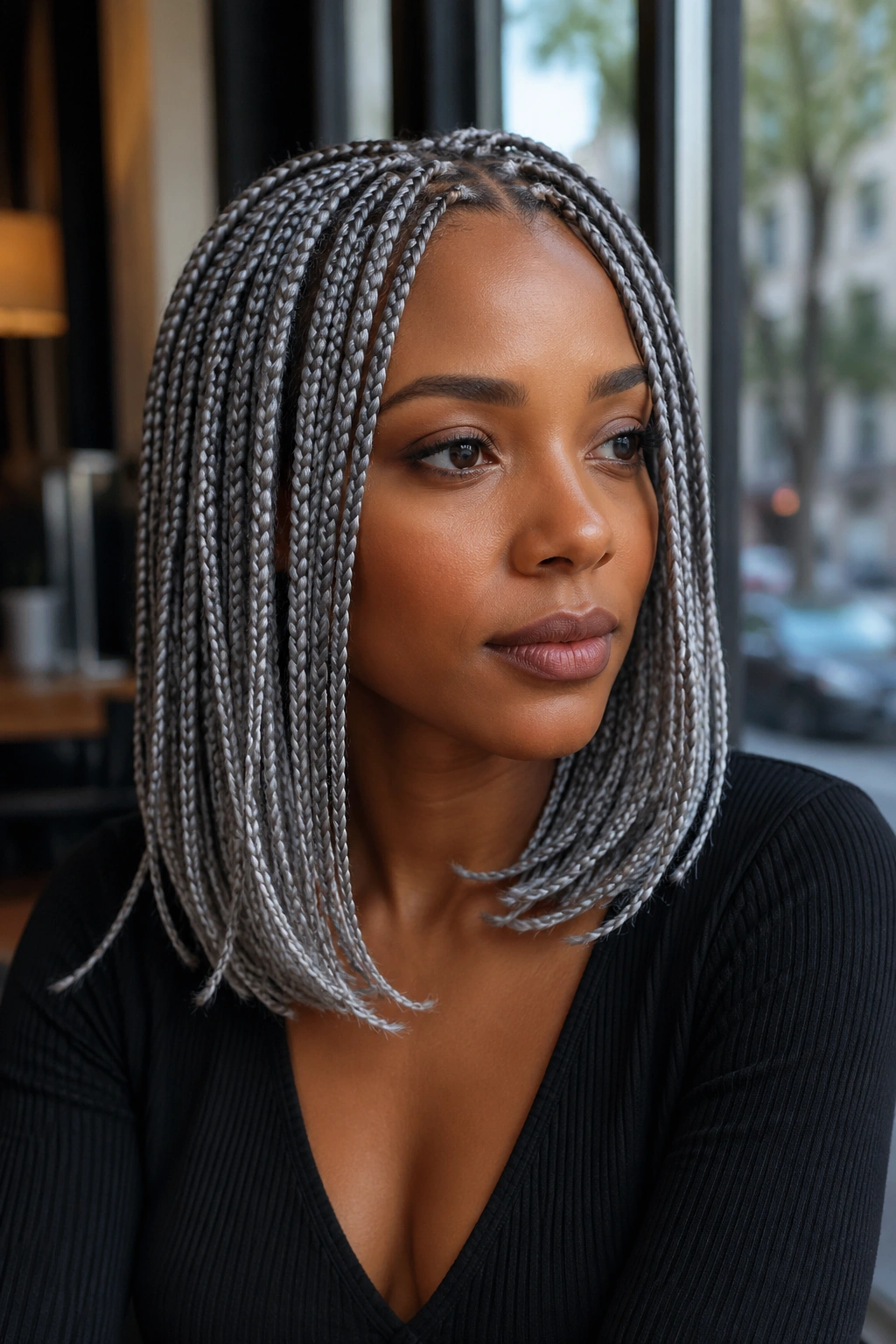 Close-up of a woman with shoulder-length grey box braids.