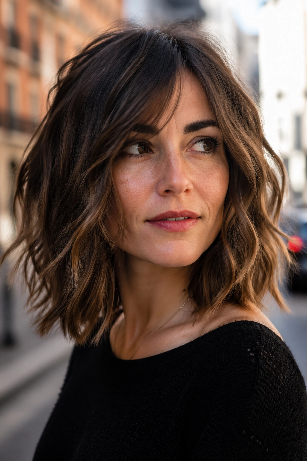 Woman with deeply texturized shoulder-length cut showing piecey ends.