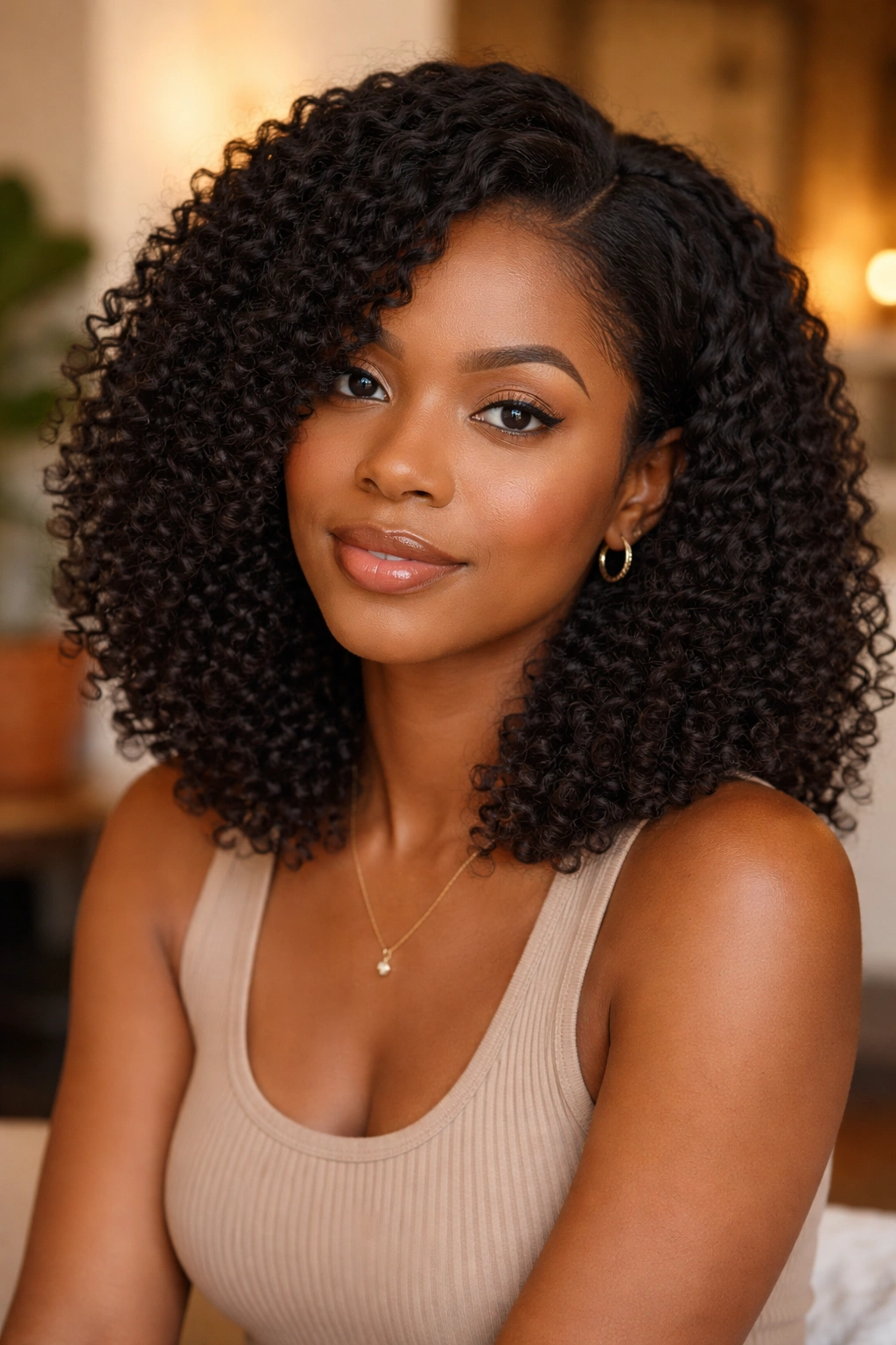 Real person wearing shoulder-length kinky curly wig with a side part