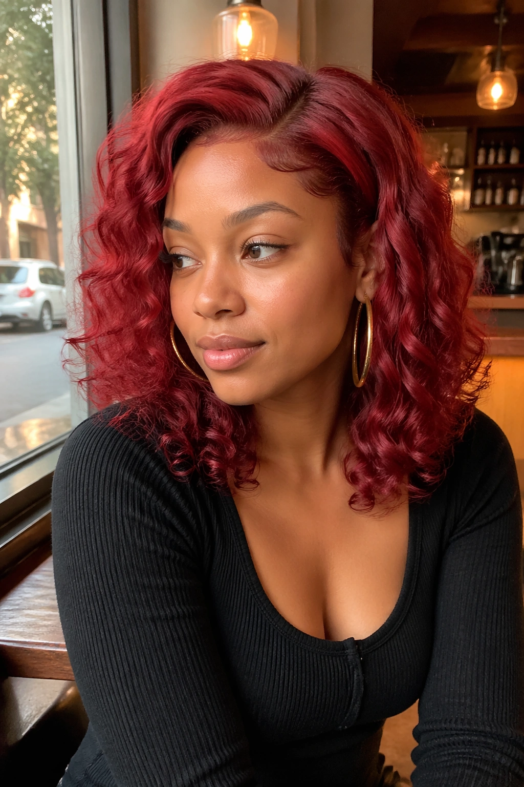Real person with shoulder-length layered curls on a red wig.